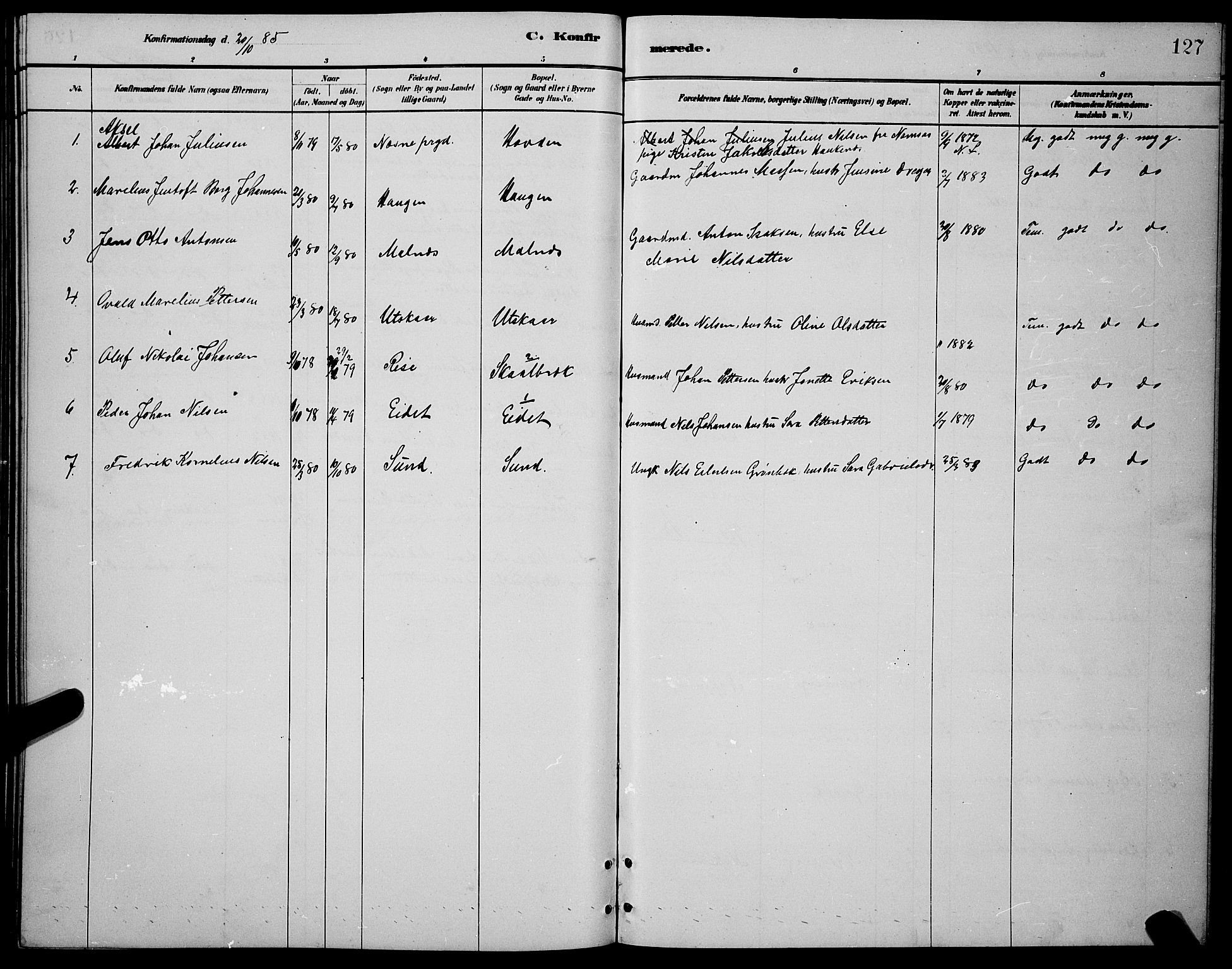 Ministerialprotokoller, klokkerbøker og fødselsregistre - Nordland, AV/SAT-A-1459/892/L1325: Parish register (copy) no. 892C02, 1878-1896, p. 127