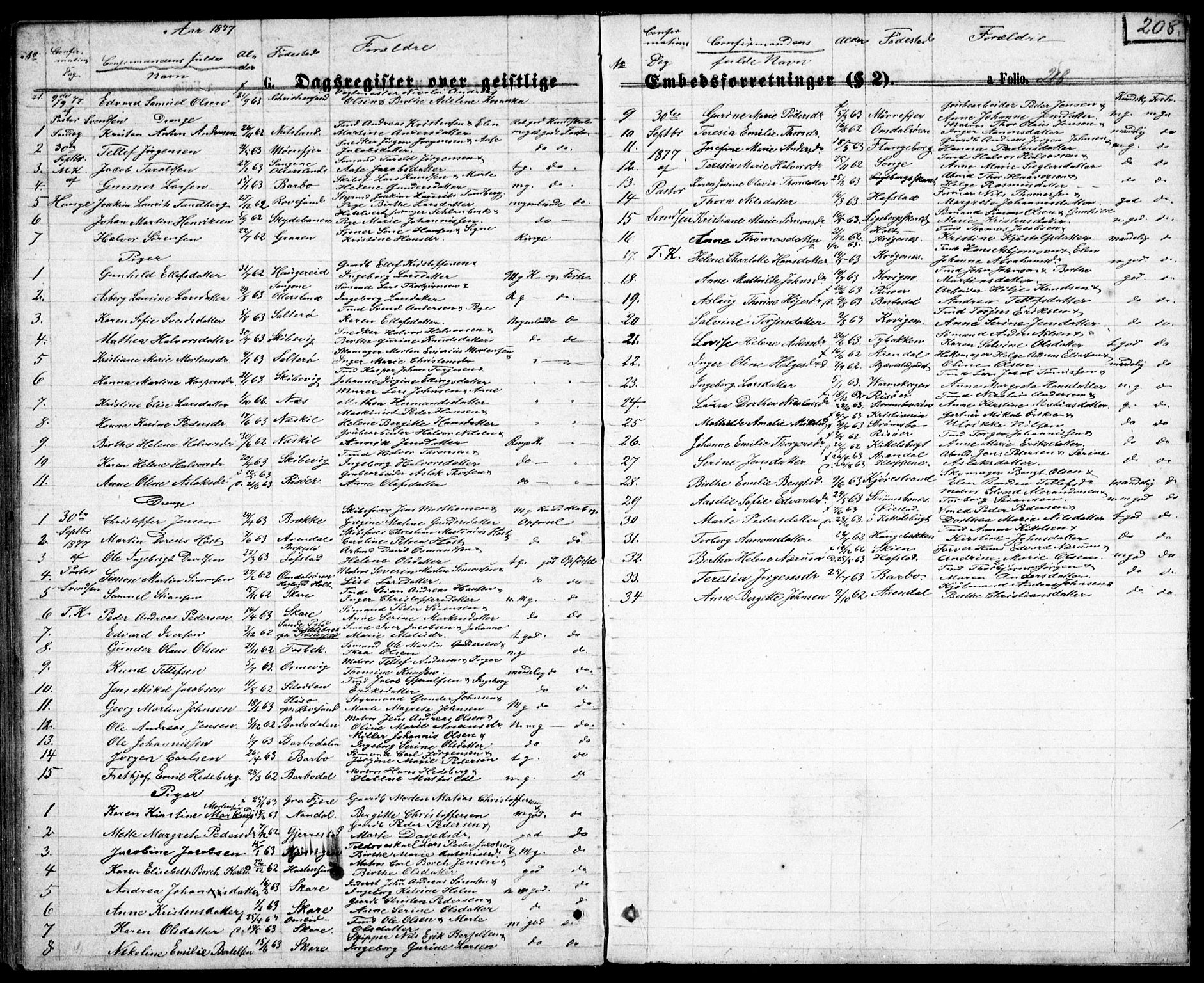 Tromøy sokneprestkontor, SAK/1111-0041/F/Fb/L0004: Parish register (copy) no. B 4, 1869-1877, p. 208