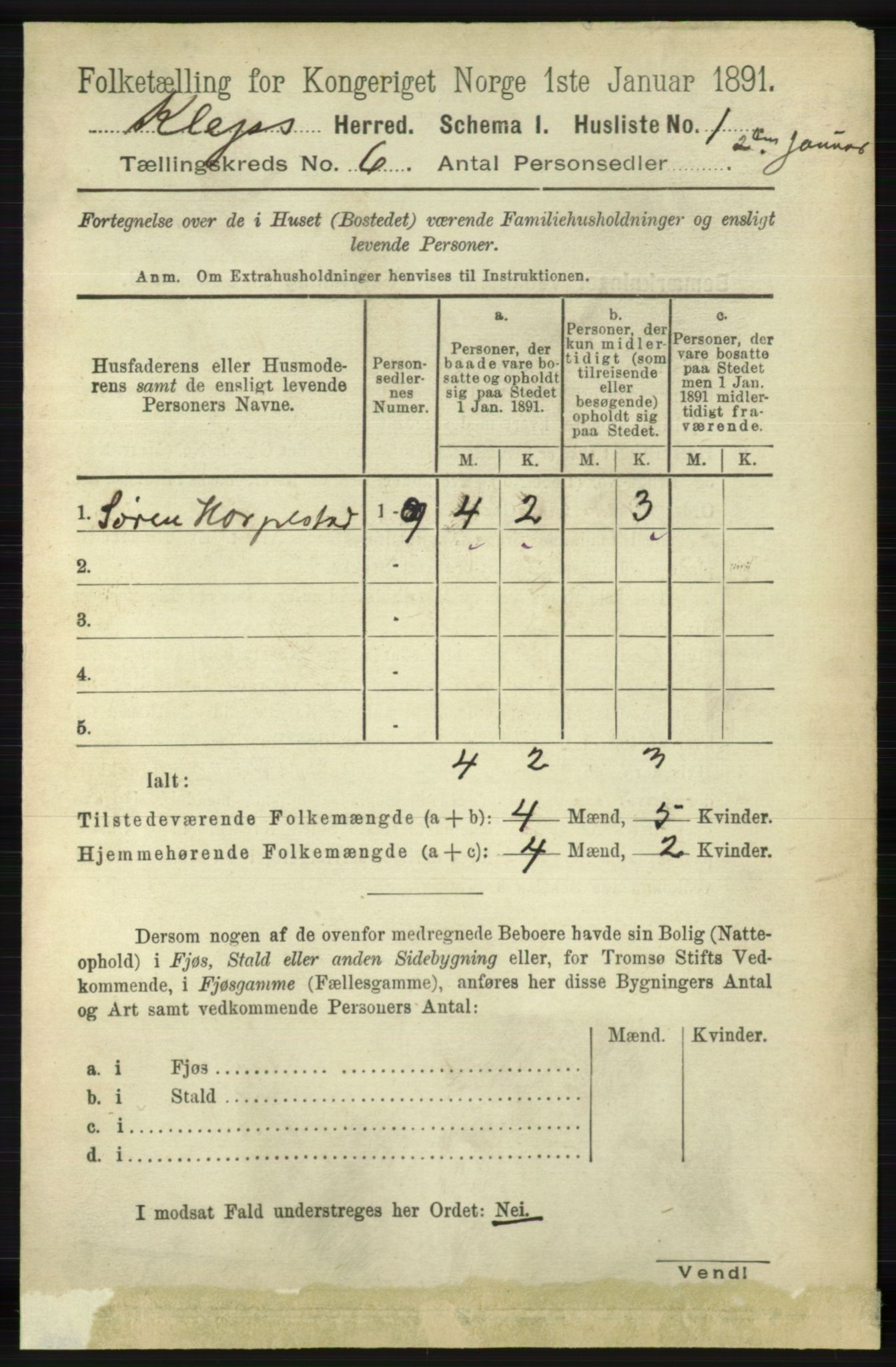 RA, 1891 census for 1120 Klepp, 1891, p. 1660