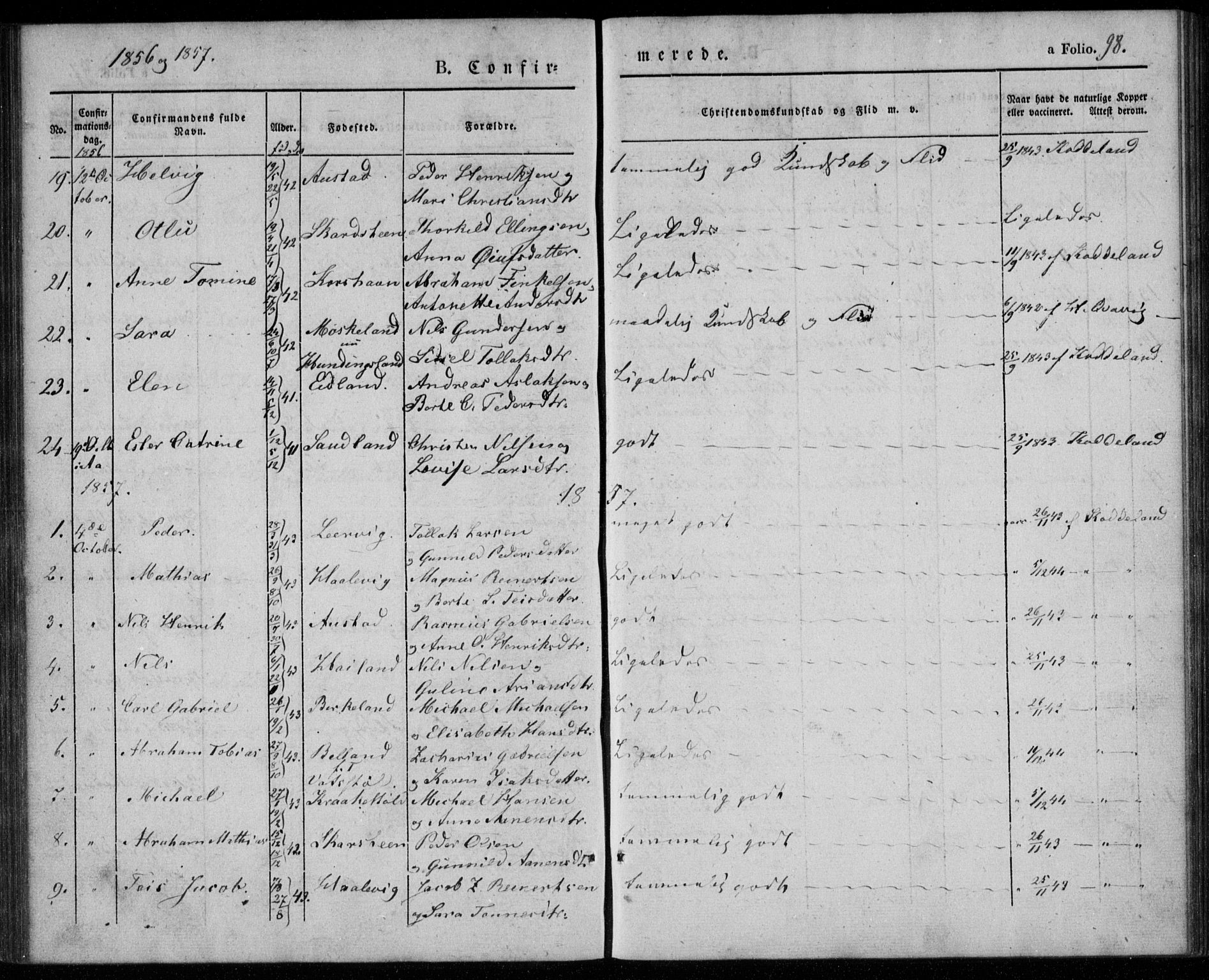 Lyngdal sokneprestkontor, AV/SAK-1111-0029/F/Fa/Faa/L0001: Parish register (official) no. A 1, 1837-1857, p. 98