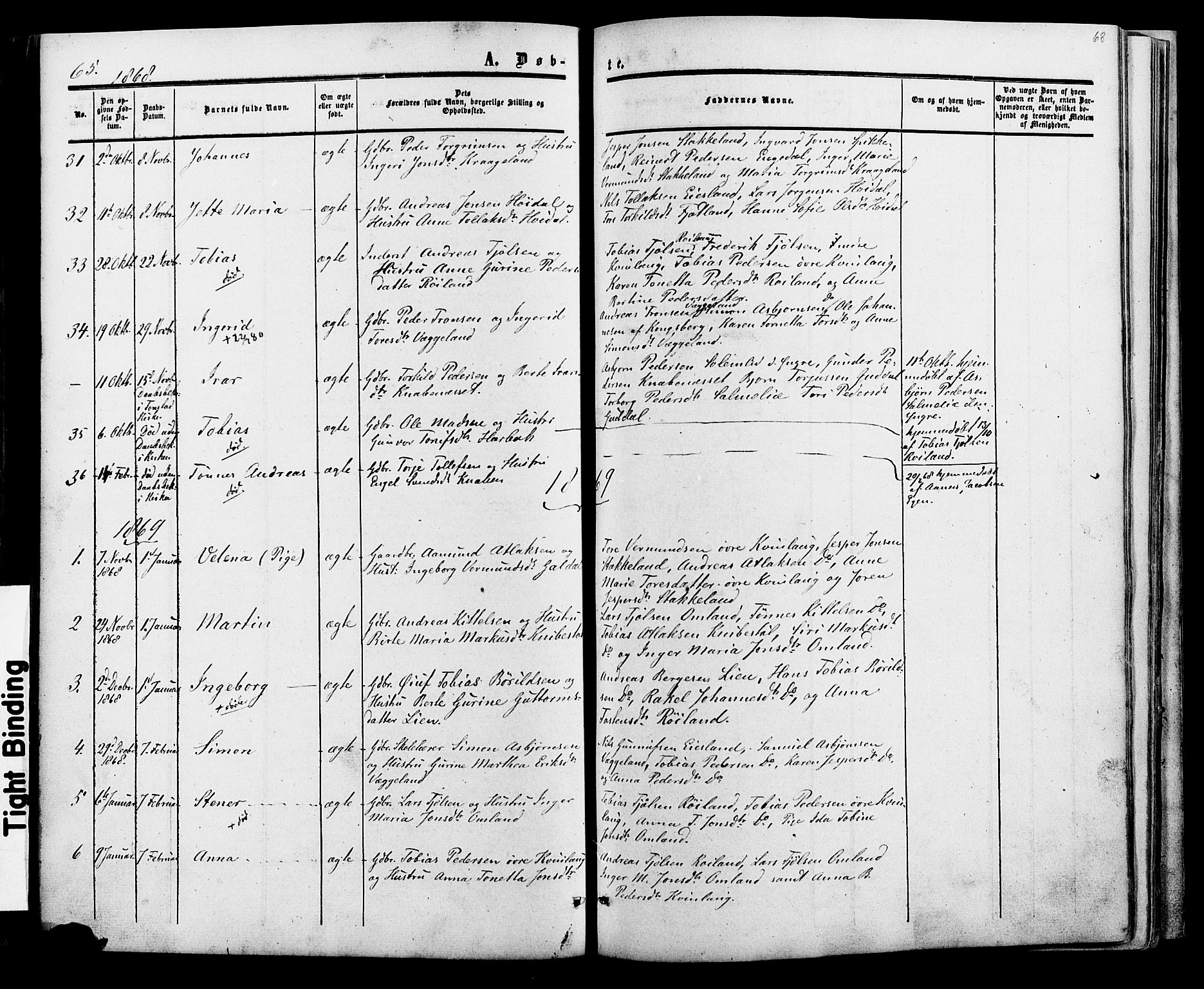 Fjotland sokneprestkontor, AV/SAK-1111-0010/F/Fa/L0001: Parish register (official) no. A 1, 1850-1879, p. 68