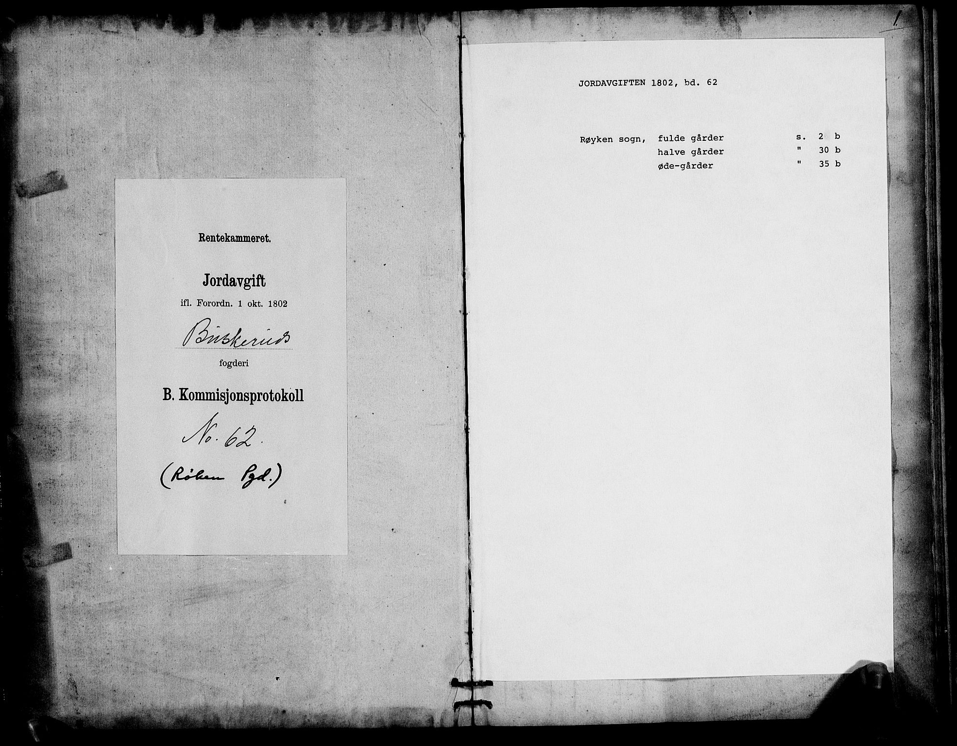 Rentekammeret inntil 1814, Realistisk ordnet avdeling, RA/EA-4070/N/Ne/Nea/L0062: Buskerud fogderi. Kommisjonsprotokoll for Røyken prestegjeld, 1803, p. 1