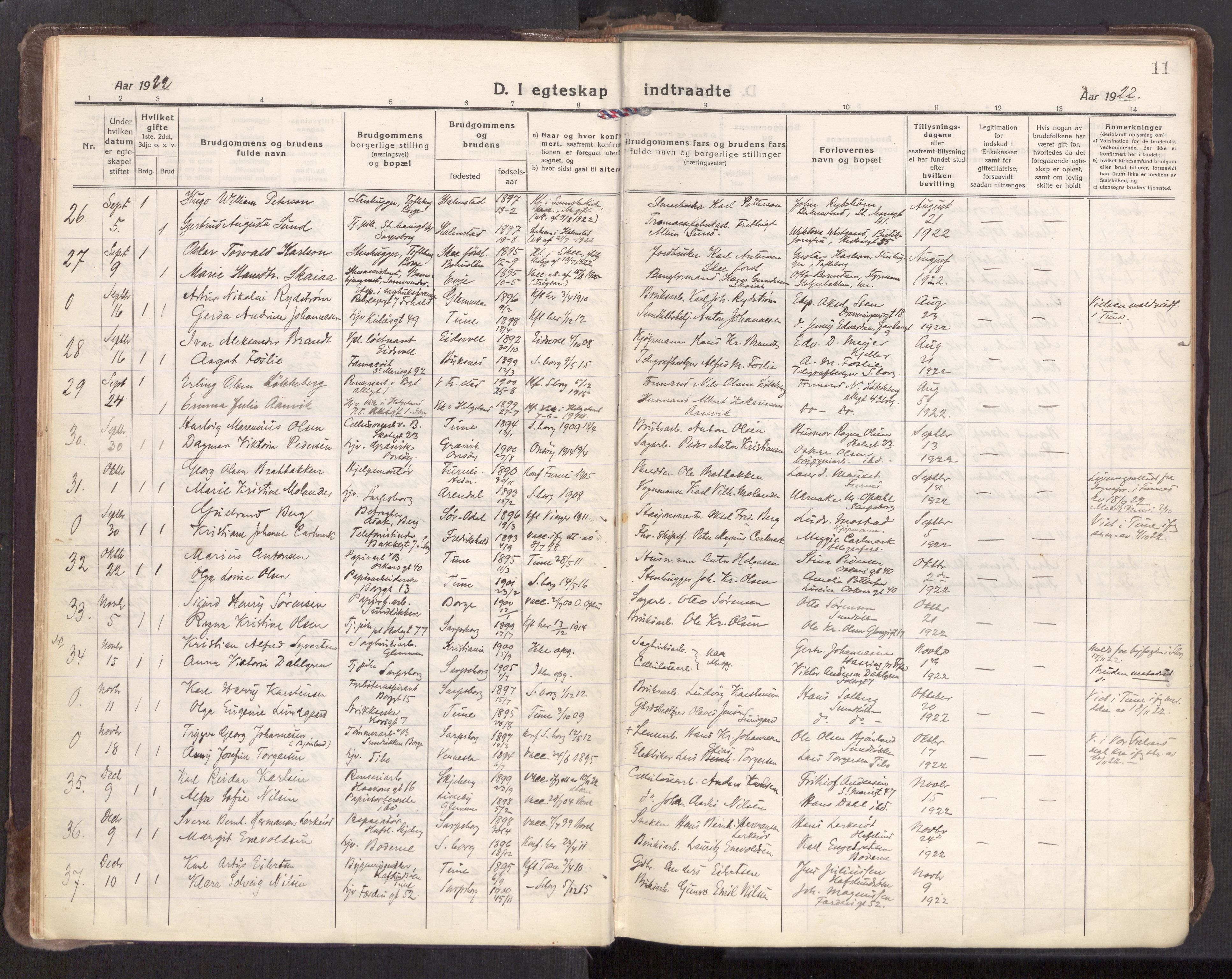Sarpsborg prestekontor Kirkebøker, AV/SAO-A-2006/F/Fa/L0009: Parish register (official) no. 9, 1919-1931, p. 11