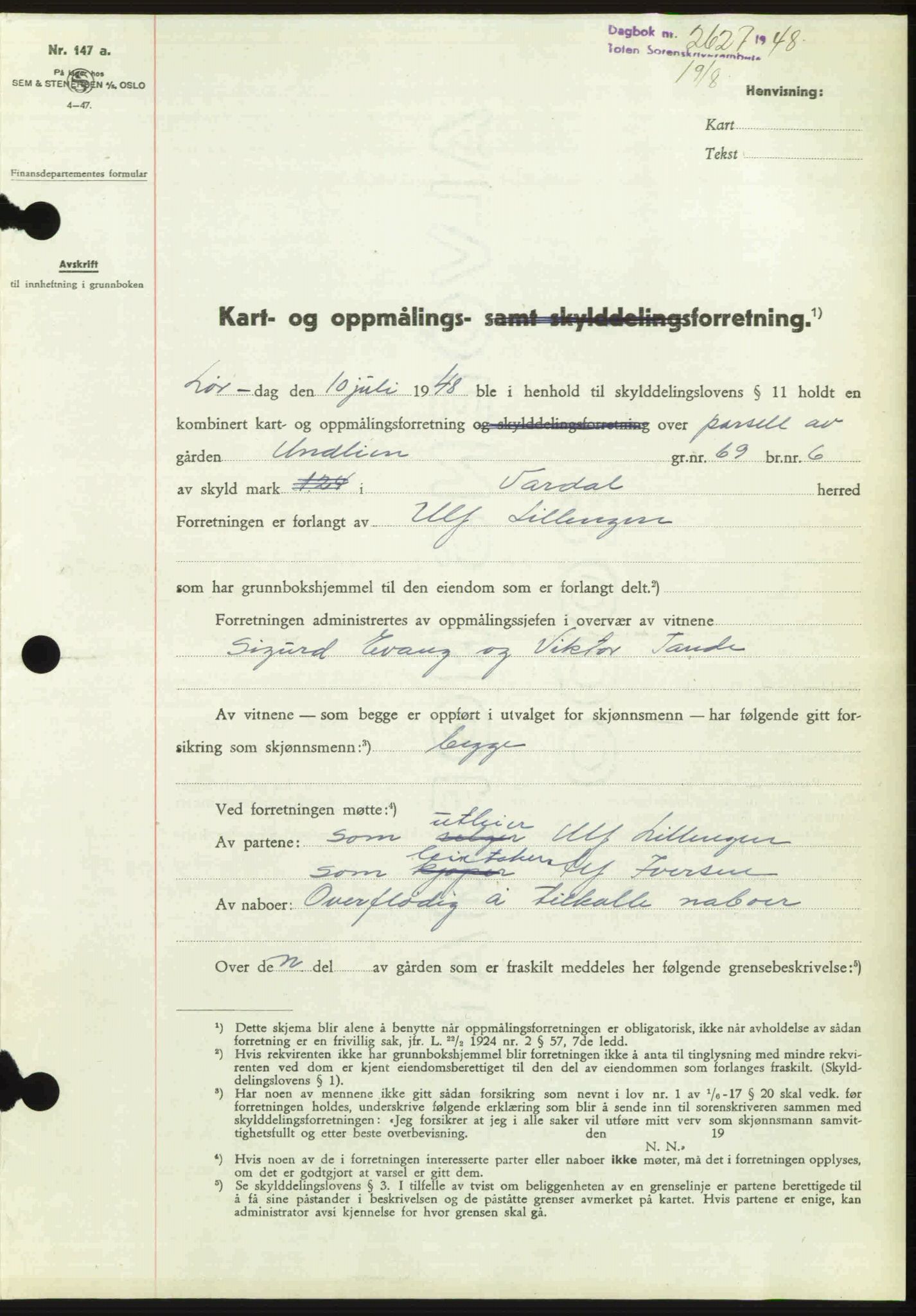 Toten tingrett, SAH/TING-006/H/Hb/Hbc/L0020: Mortgage book no. Hbc-20, 1948-1948, Diary no: : 2627/1948