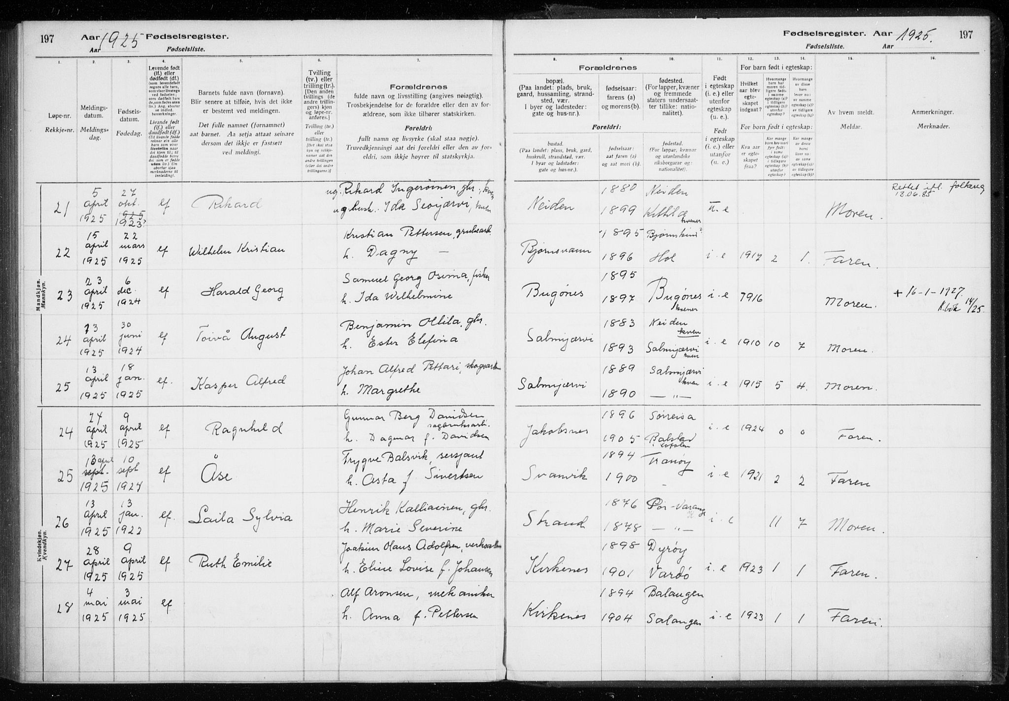 Sør-Varanger sokneprestkontor, AV/SATØ-S-1331/I/Ia/L0016: Birth register no. 16, 1915-1925, p. 197