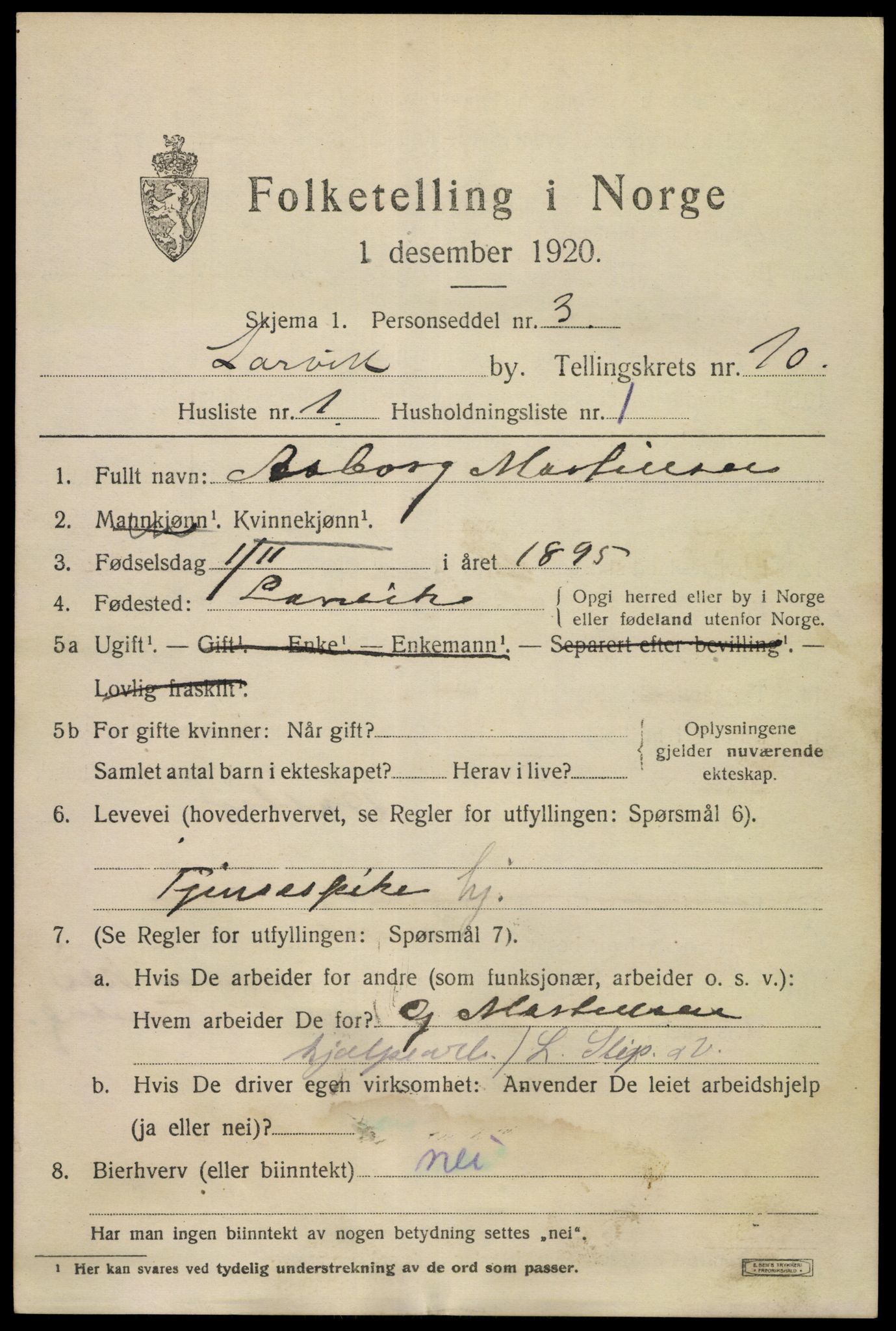 SAKO, 1920 census for Larvik, 1920, p. 26680