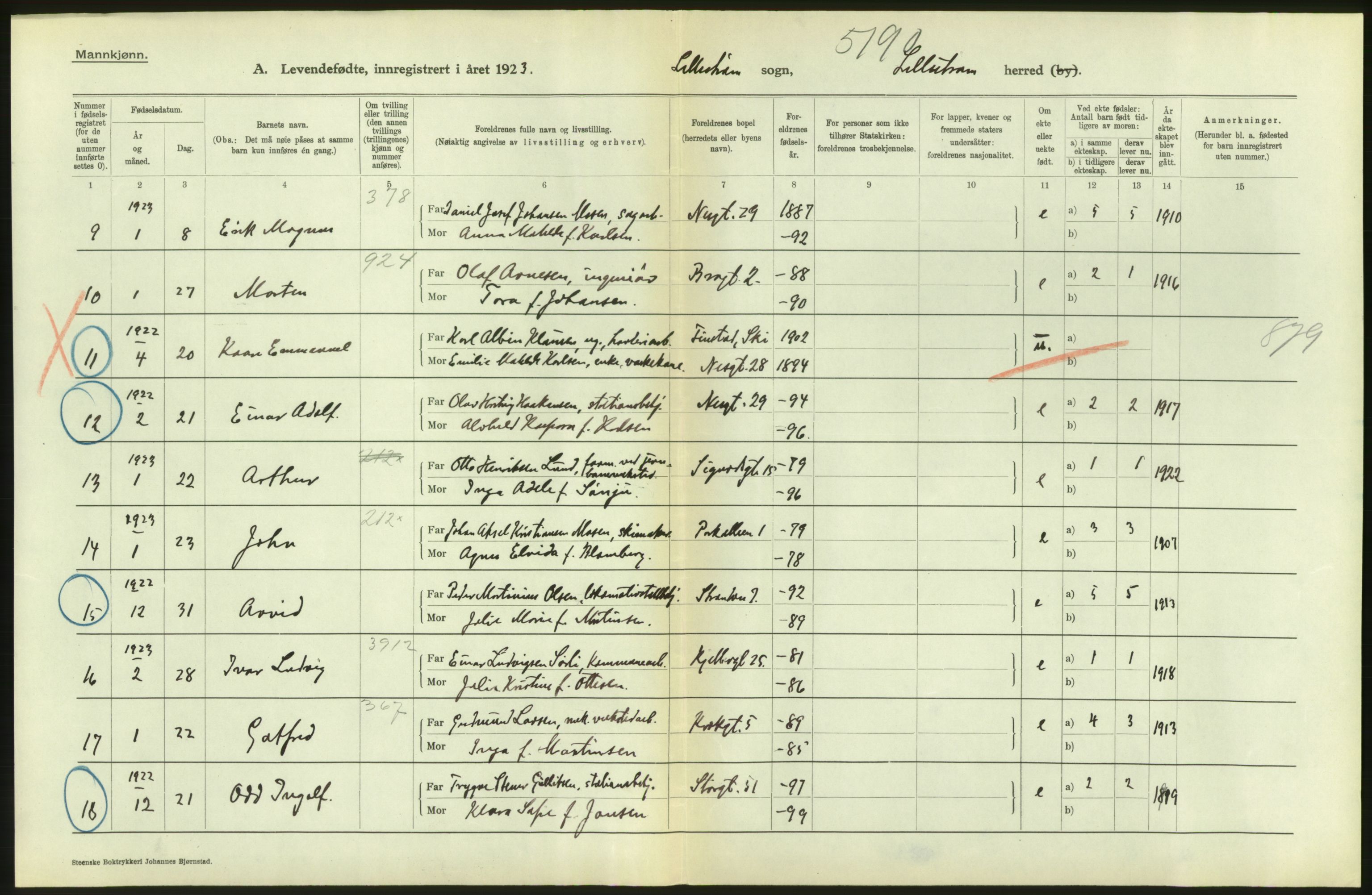 Statistisk sentralbyrå, Sosiodemografiske emner, Befolkning, RA/S-2228/D/Df/Dfc/Dfcc/L0003: Akershus fylke: Levendefødte menn og kvinner. Bygder., 1923, p. 122