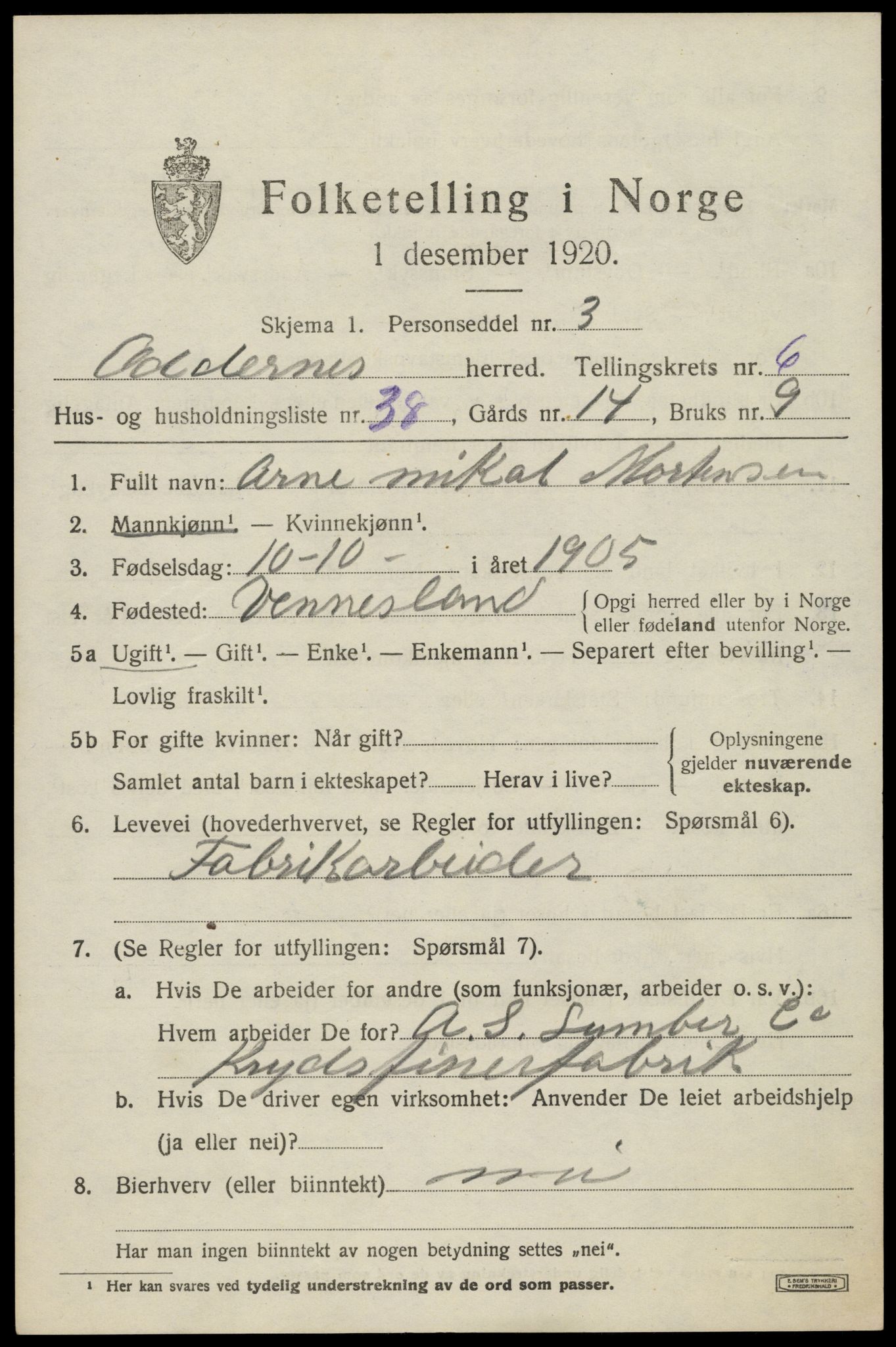 SAK, 1920 census for Oddernes, 1920, p. 5375