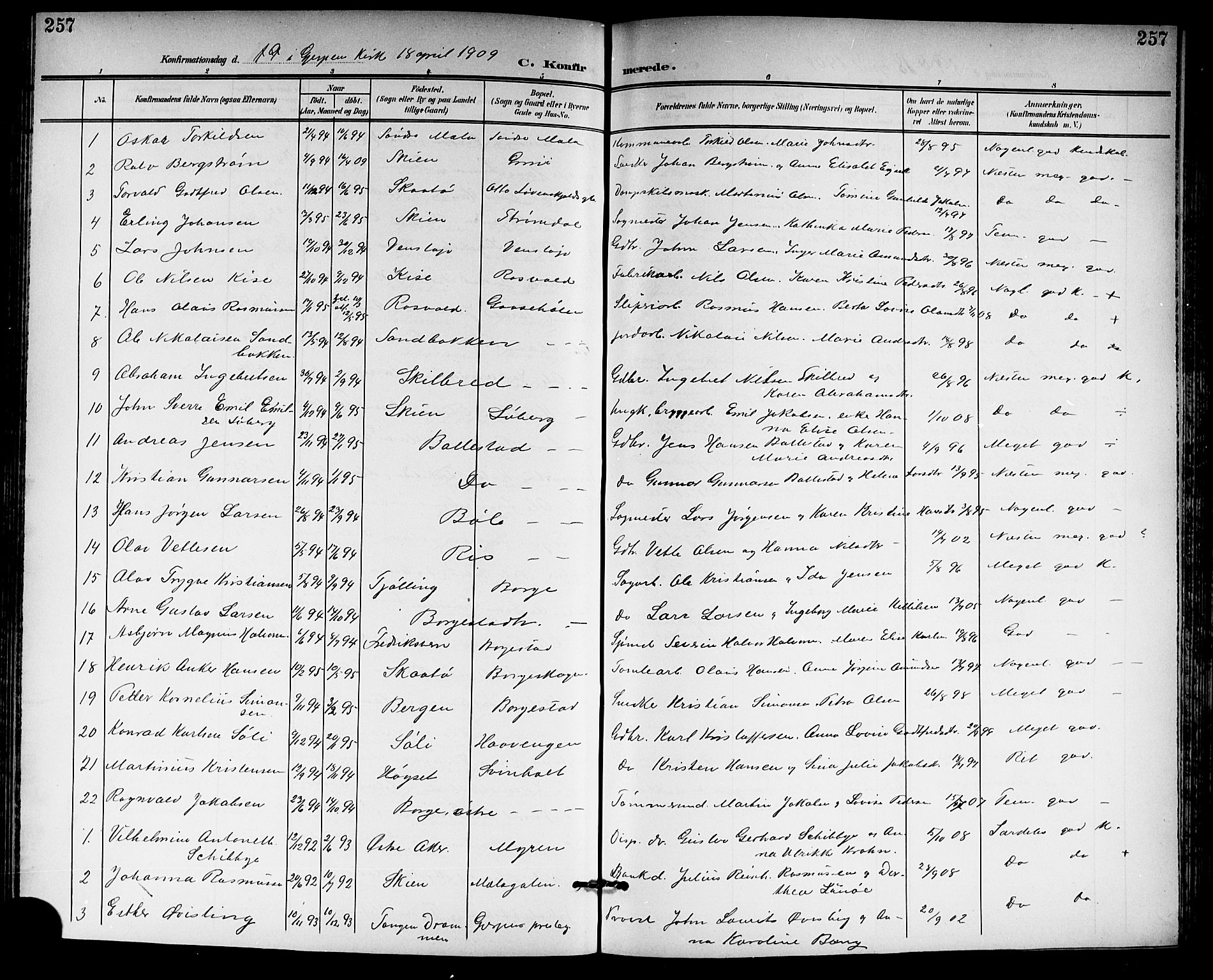 Gjerpen kirkebøker, SAKO/A-265/G/Ga/L0003: Parish register (copy) no. I 3, 1901-1919, p. 257