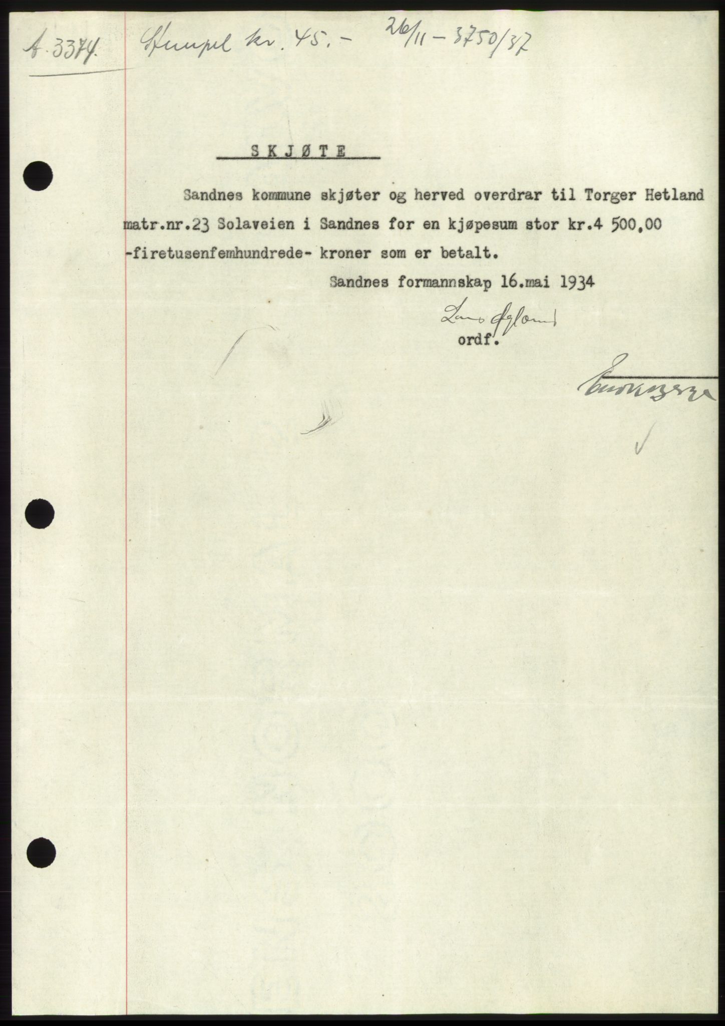 Jæren sorenskriveri, SAST/A-100310/03/G/Gba/L0069: Mortgage book, 1937-1937, Diary no: : 3750/1937