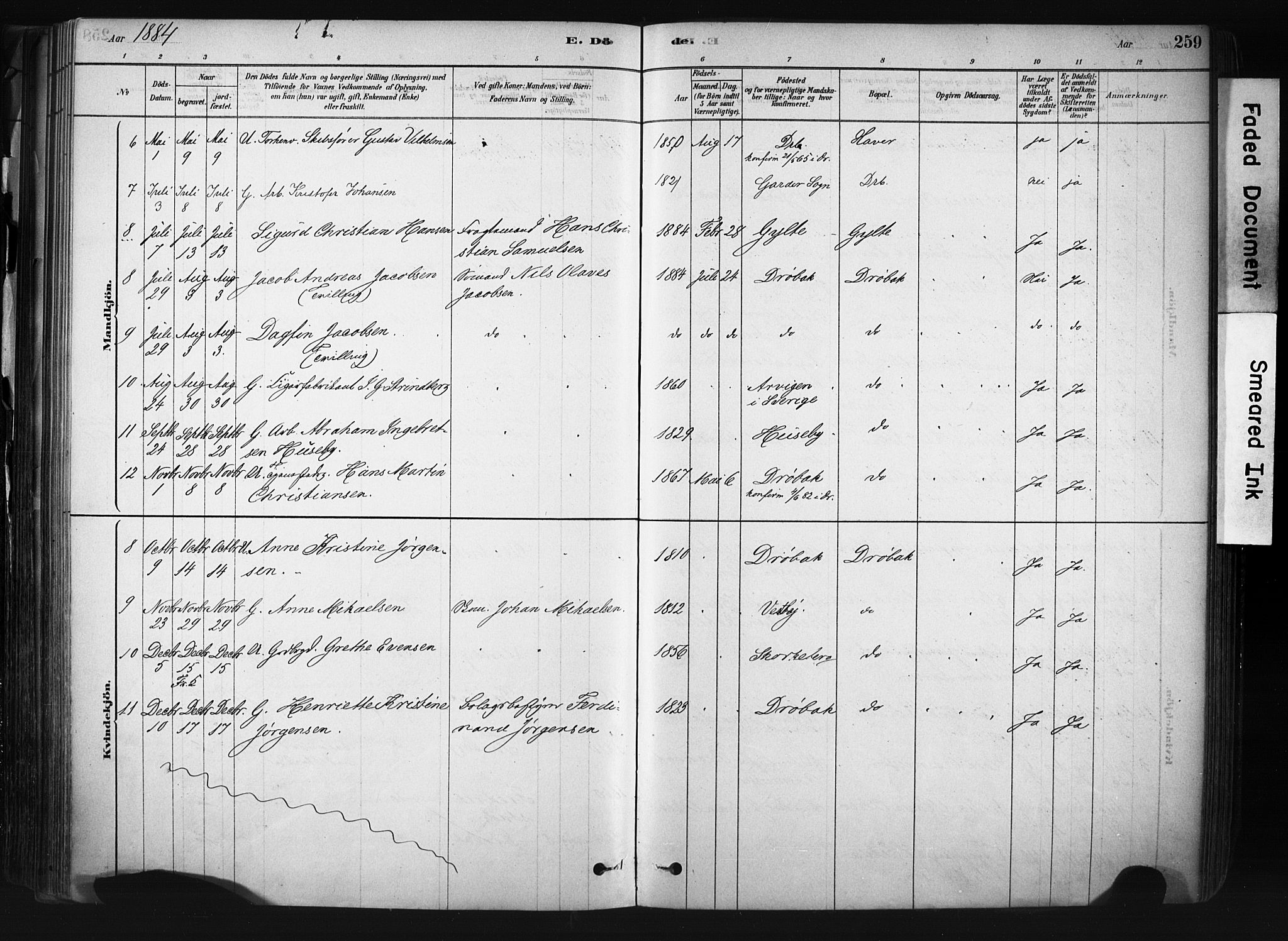 Drøbak prestekontor Kirkebøker, AV/SAO-A-10142a/F/Fb/L0001: Parish register (official) no. II 1, 1878-1891, p. 259