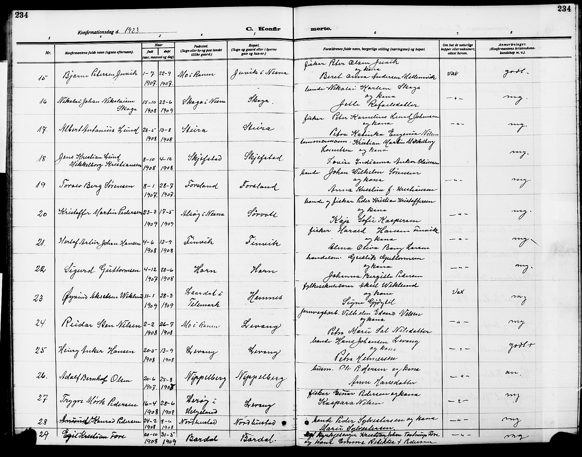 Ministerialprotokoller, klokkerbøker og fødselsregistre - Nordland, AV/SAT-A-1459/838/L0560: Parish register (copy) no. 838C07, 1910-1928, p. 234