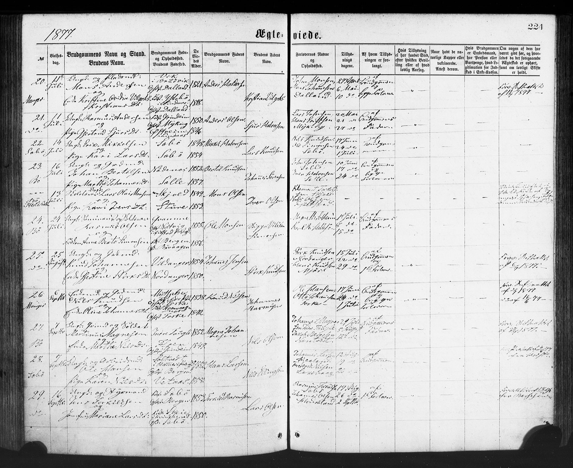 Manger sokneprestembete, AV/SAB-A-76801/H/Haa: Parish register (official) no. A 8, 1871-1880, p. 224