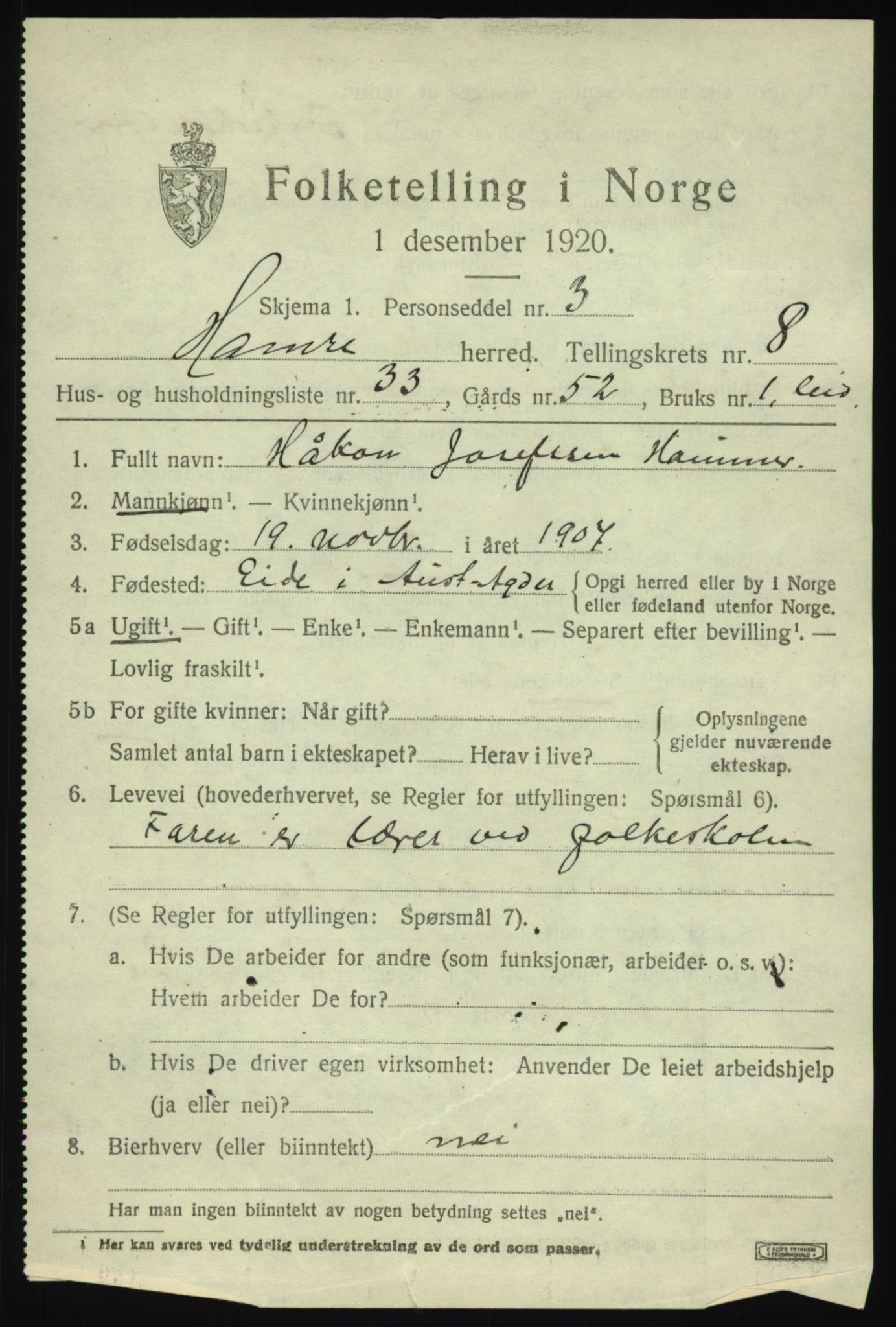 SAB, 1920 census for Hamre, 1920, p. 4825