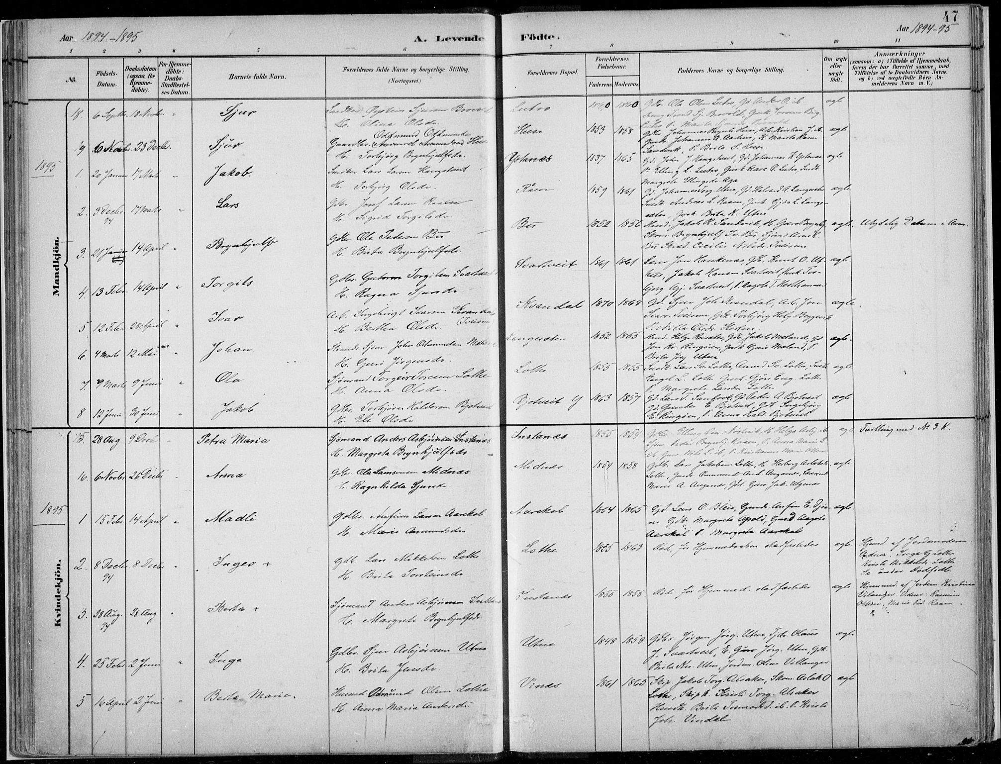 Ullensvang sokneprestembete, SAB/A-78701/H/Haa: Parish register (official) no. E  1, 1882-1921, p. 47