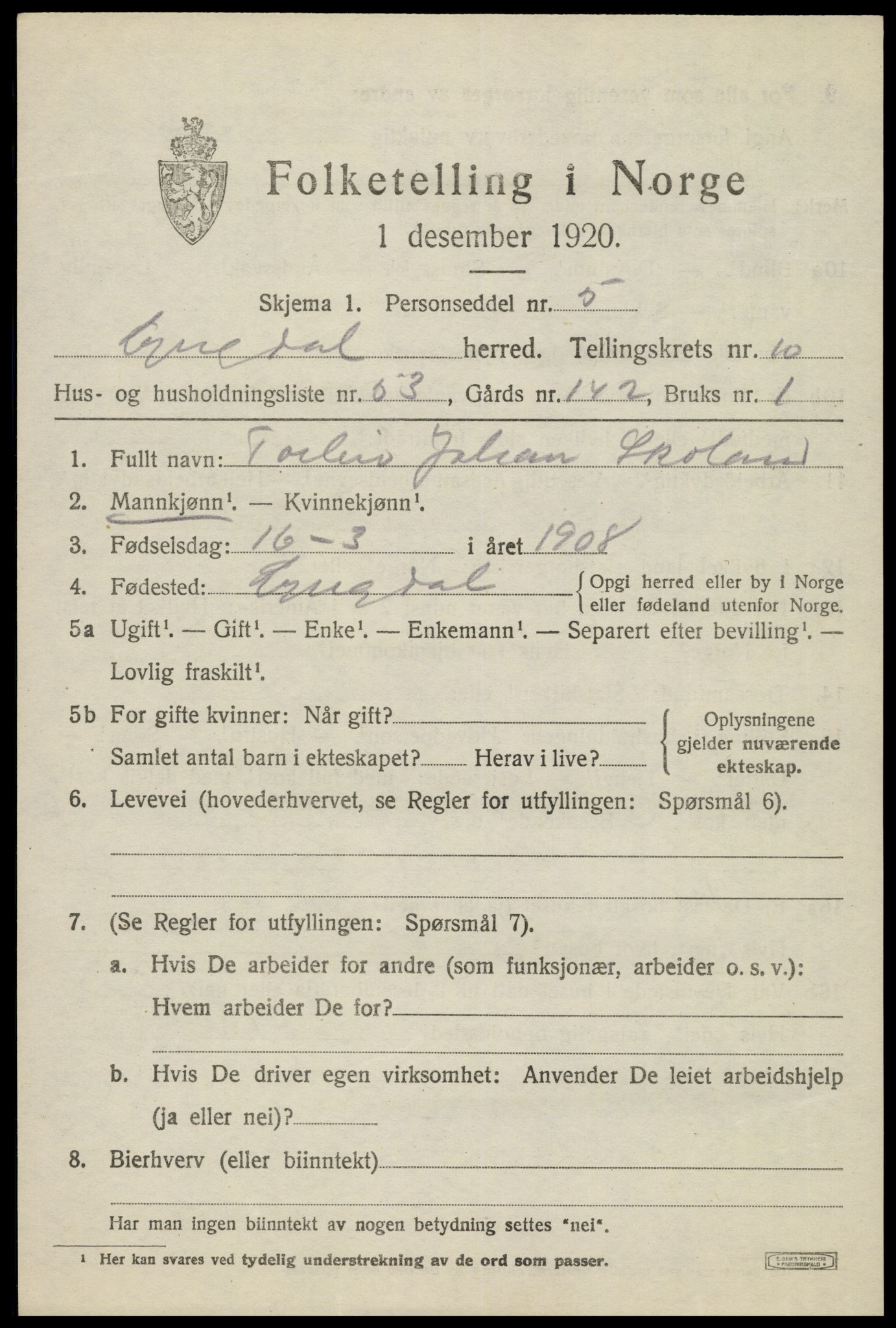 SAK, 1920 census for Lyngdal, 1920, p. 5281