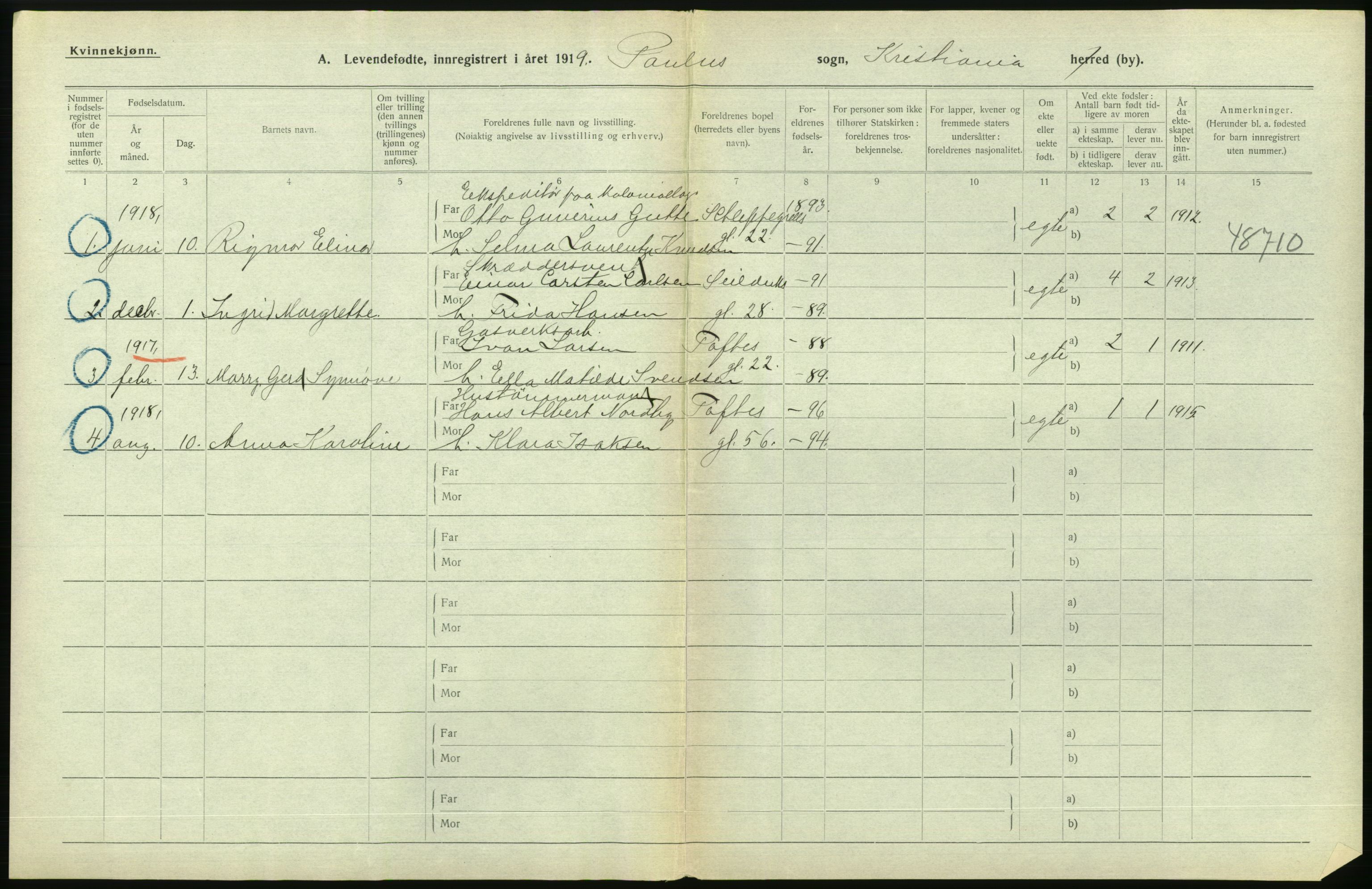 Statistisk sentralbyrå, Sosiodemografiske emner, Befolkning, AV/RA-S-2228/D/Df/Dfb/Dfbi/L0008: Kristiania: Levendefødte menn og kvinner., 1919