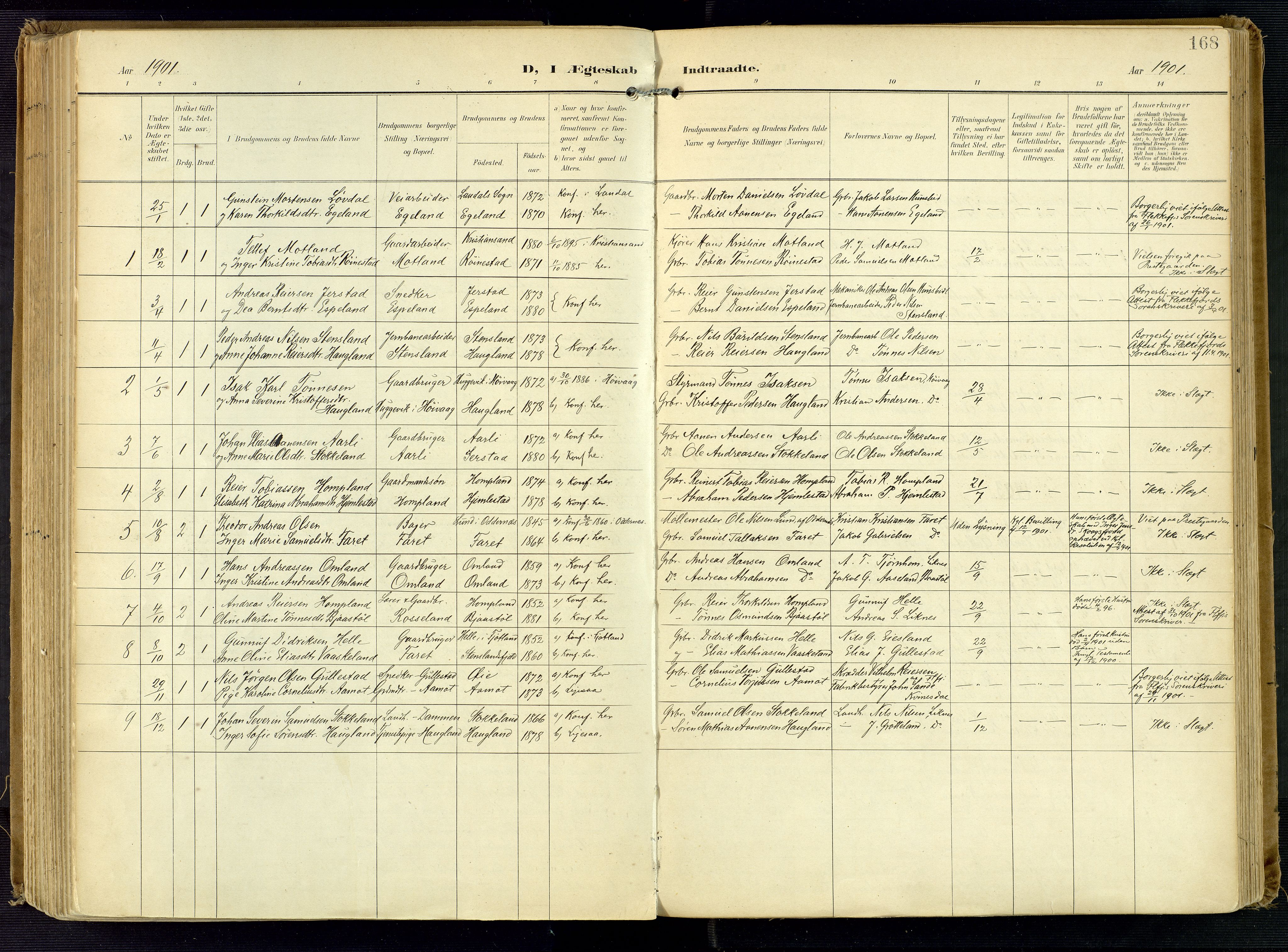 Kvinesdal sokneprestkontor, SAK/1111-0026/F/Fa/Fab/L0009: Parish register (official) no. A 9, 1898-1915, p. 168