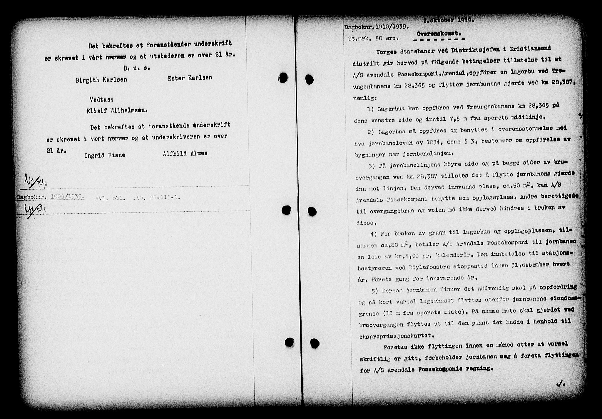 Nedenes sorenskriveri, SAK/1221-0006/G/Gb/Gba/L0047: Mortgage book no. A-I, 1939-1940, Diary no: : 1010/1939