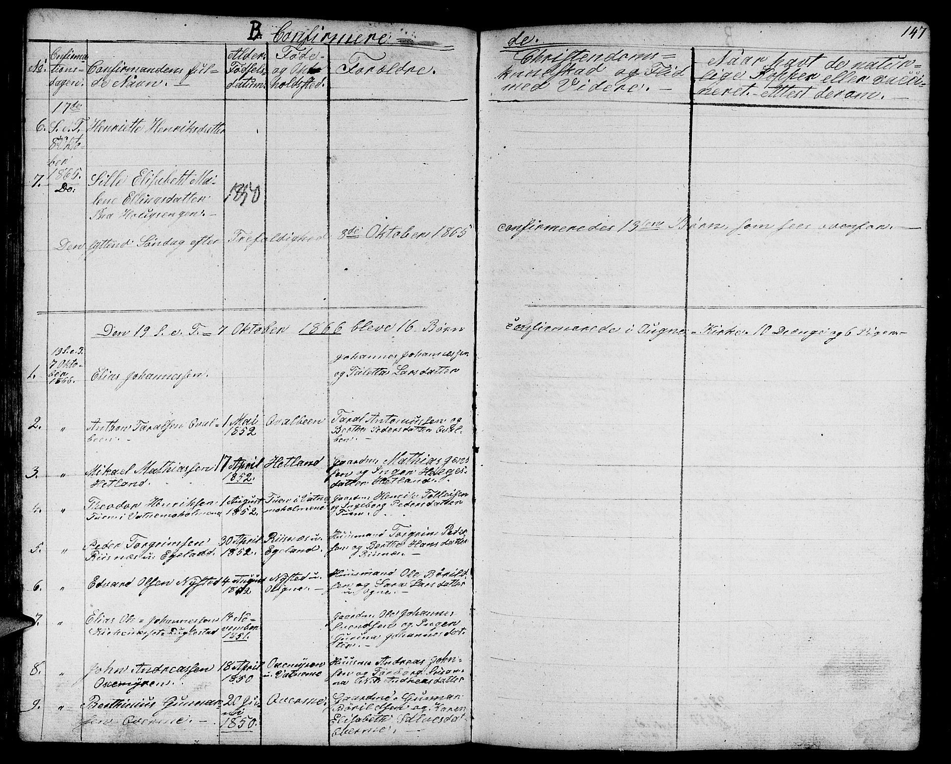 Eigersund sokneprestkontor, SAST/A-101807/S09/L0003: Parish register (copy) no. B 3, 1846-1875, p. 147