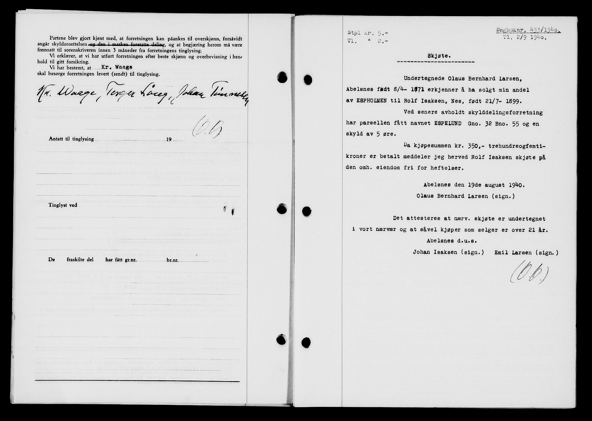 Flekkefjord sorenskriveri, AV/SAK-1221-0001/G/Gb/Gba/L0056: Mortgage book no. A-4, 1940-1941, Diary no: : 433/1940