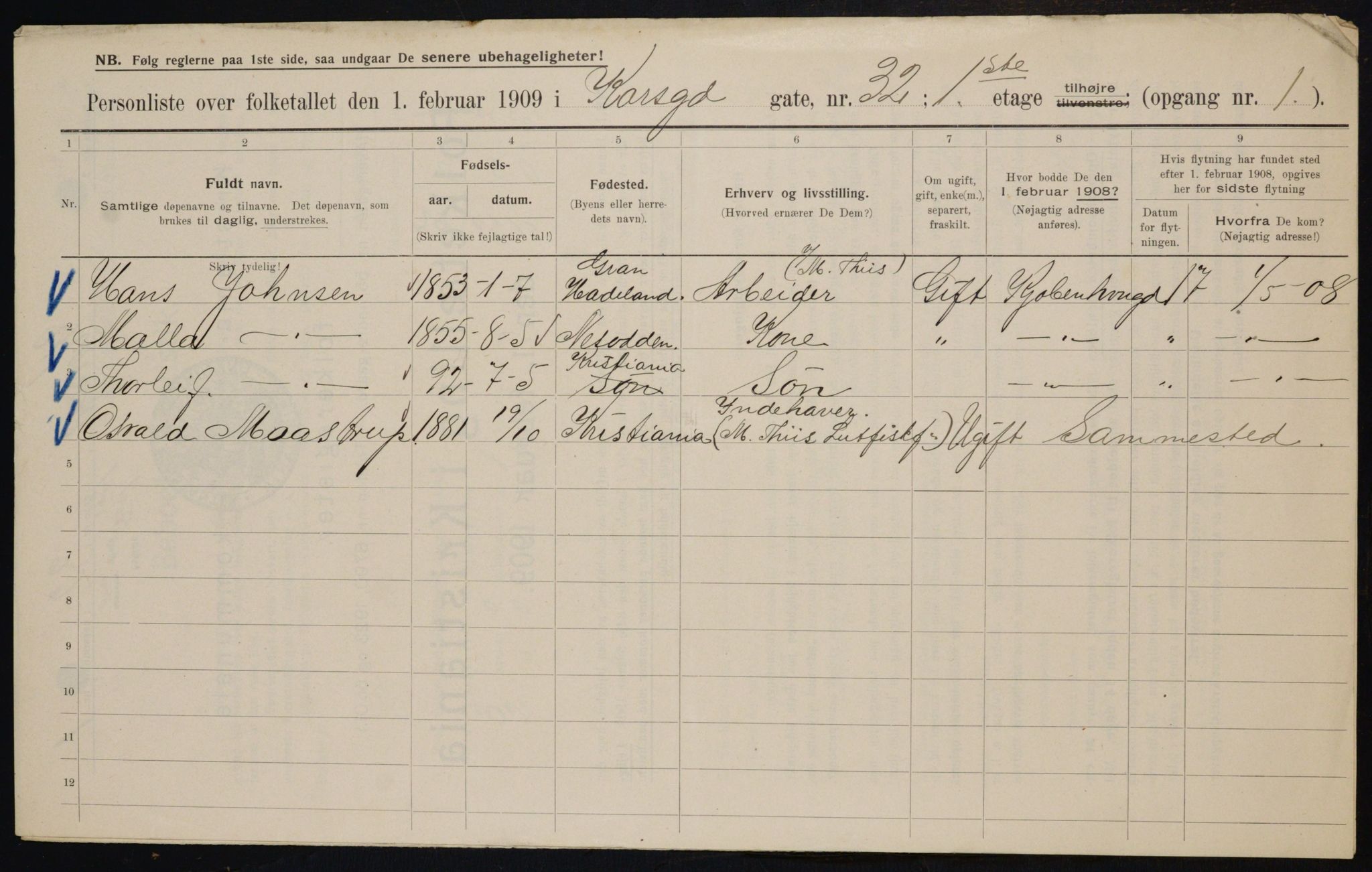 OBA, Municipal Census 1909 for Kristiania, 1909, p. 49387