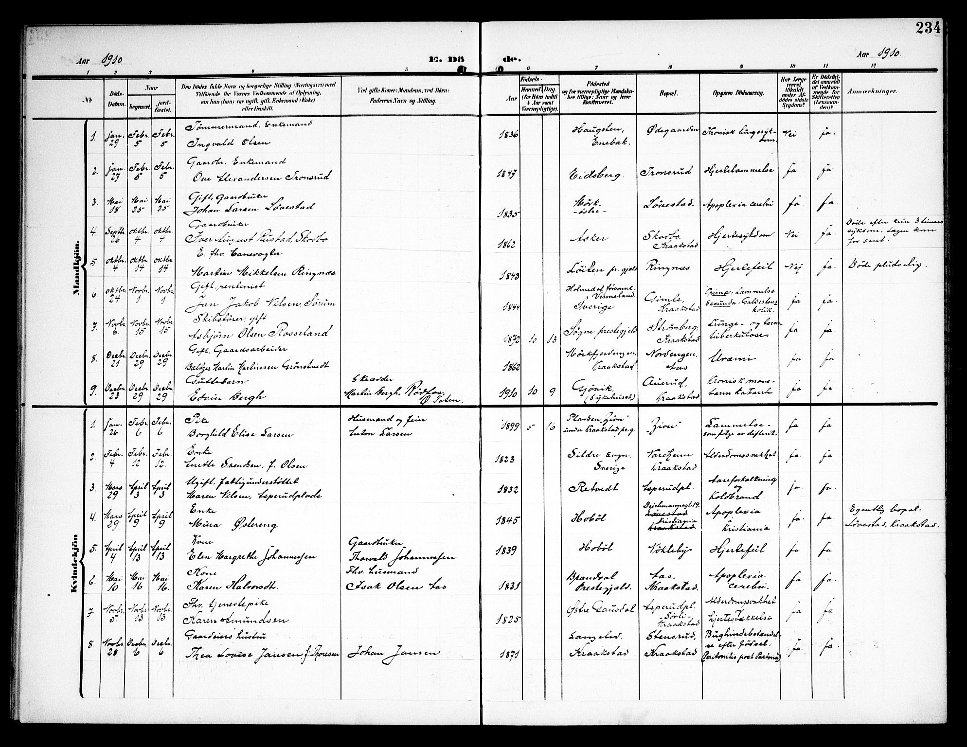 Kråkstad prestekontor Kirkebøker, AV/SAO-A-10125a/G/Ga/L0002: Parish register (copy) no. I 2, 1905-1934, p. 234