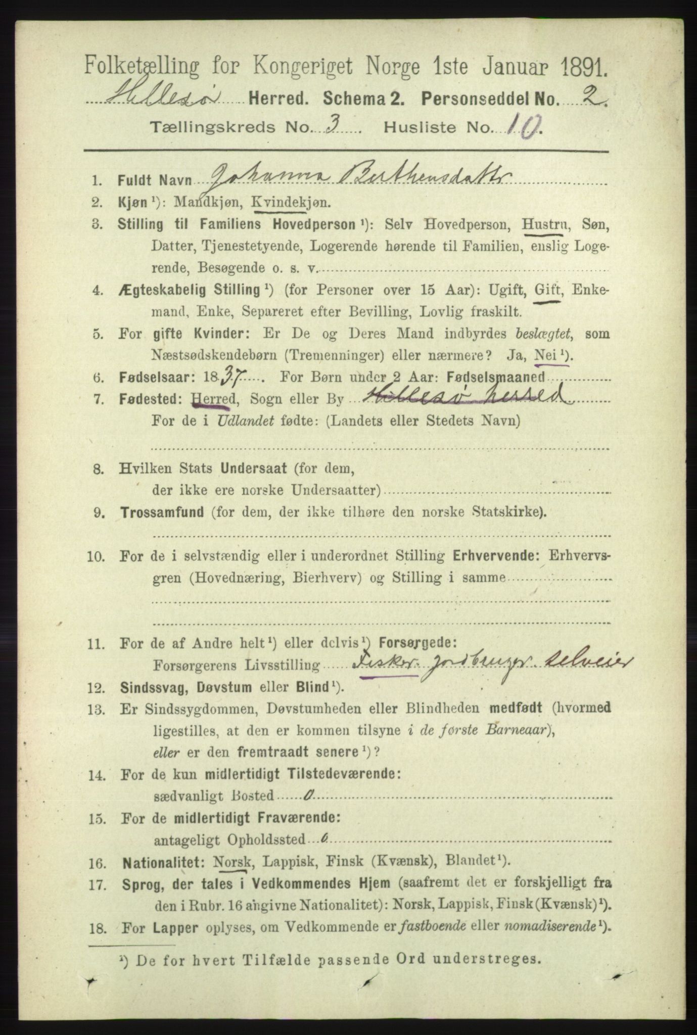 RA, 1891 census for 1930 Hillesøy, 1891, p. 1149