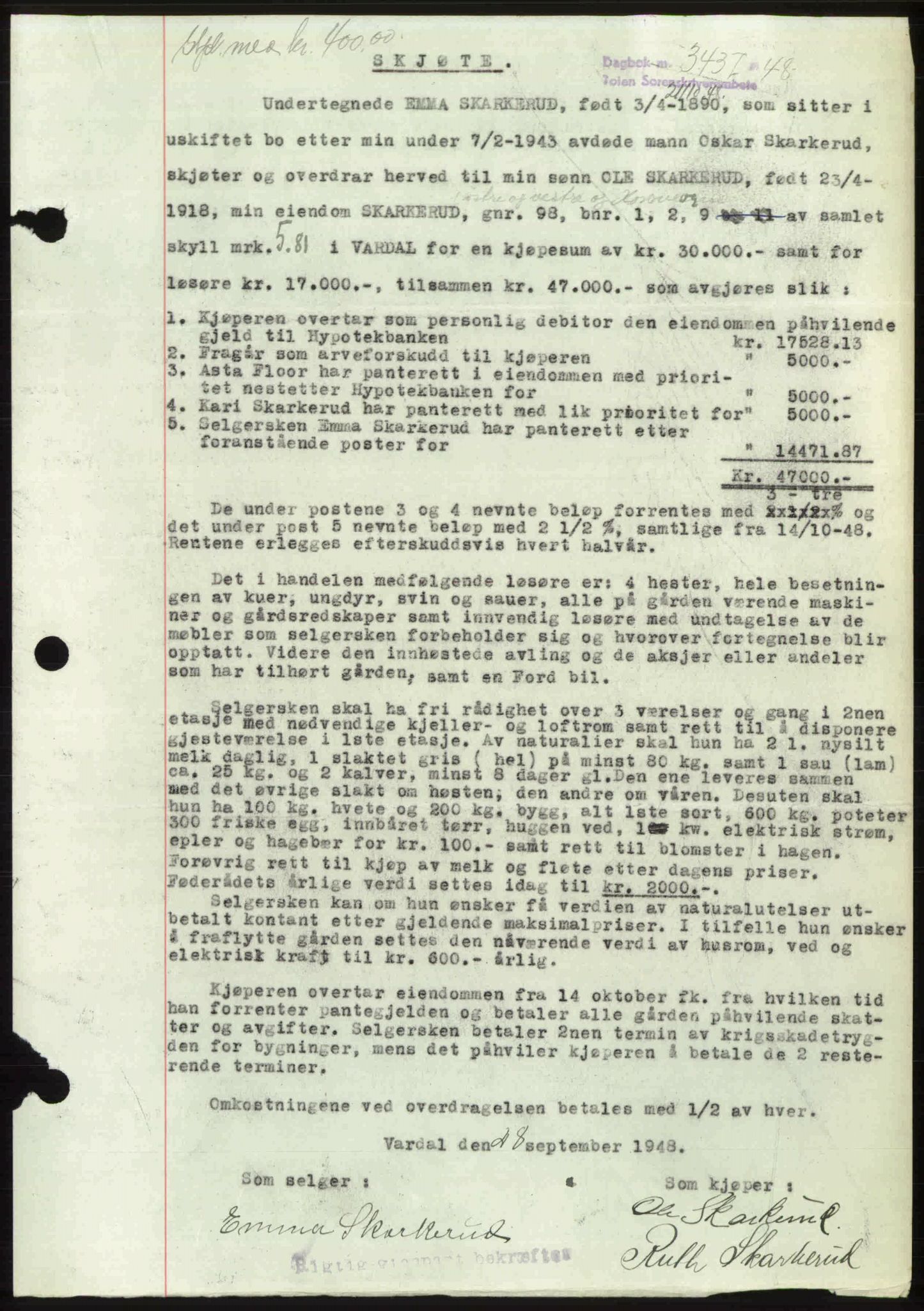 Toten tingrett, SAH/TING-006/H/Hb/Hbc/L0020: Mortgage book no. Hbc-20, 1948-1948, Diary no: : 3437/1948