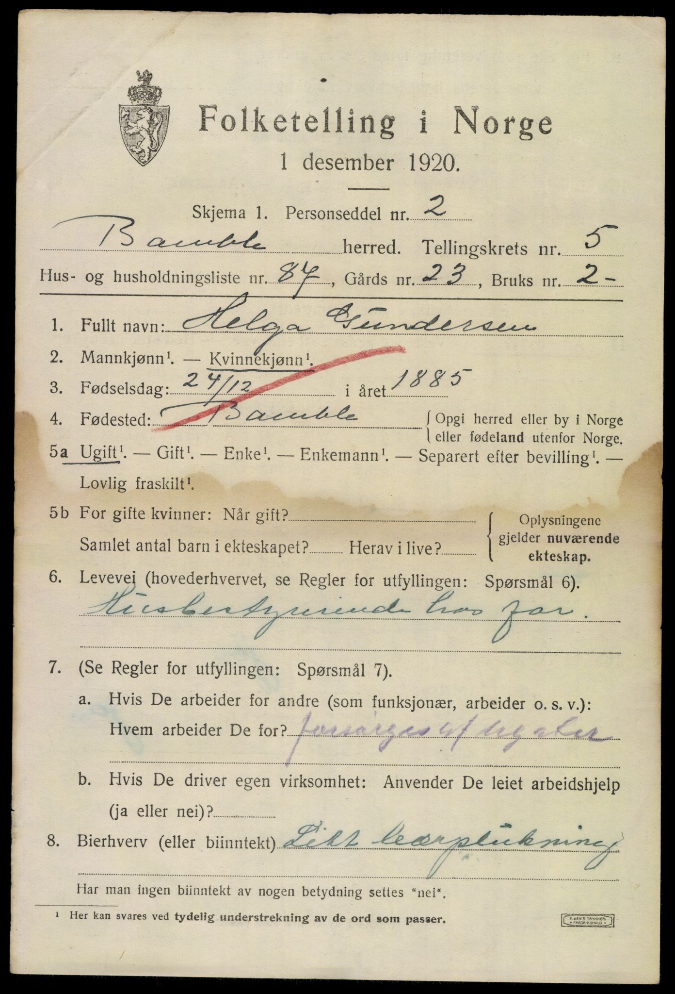 SAKO, 1920 census for Bamble, 1920, p. 5881