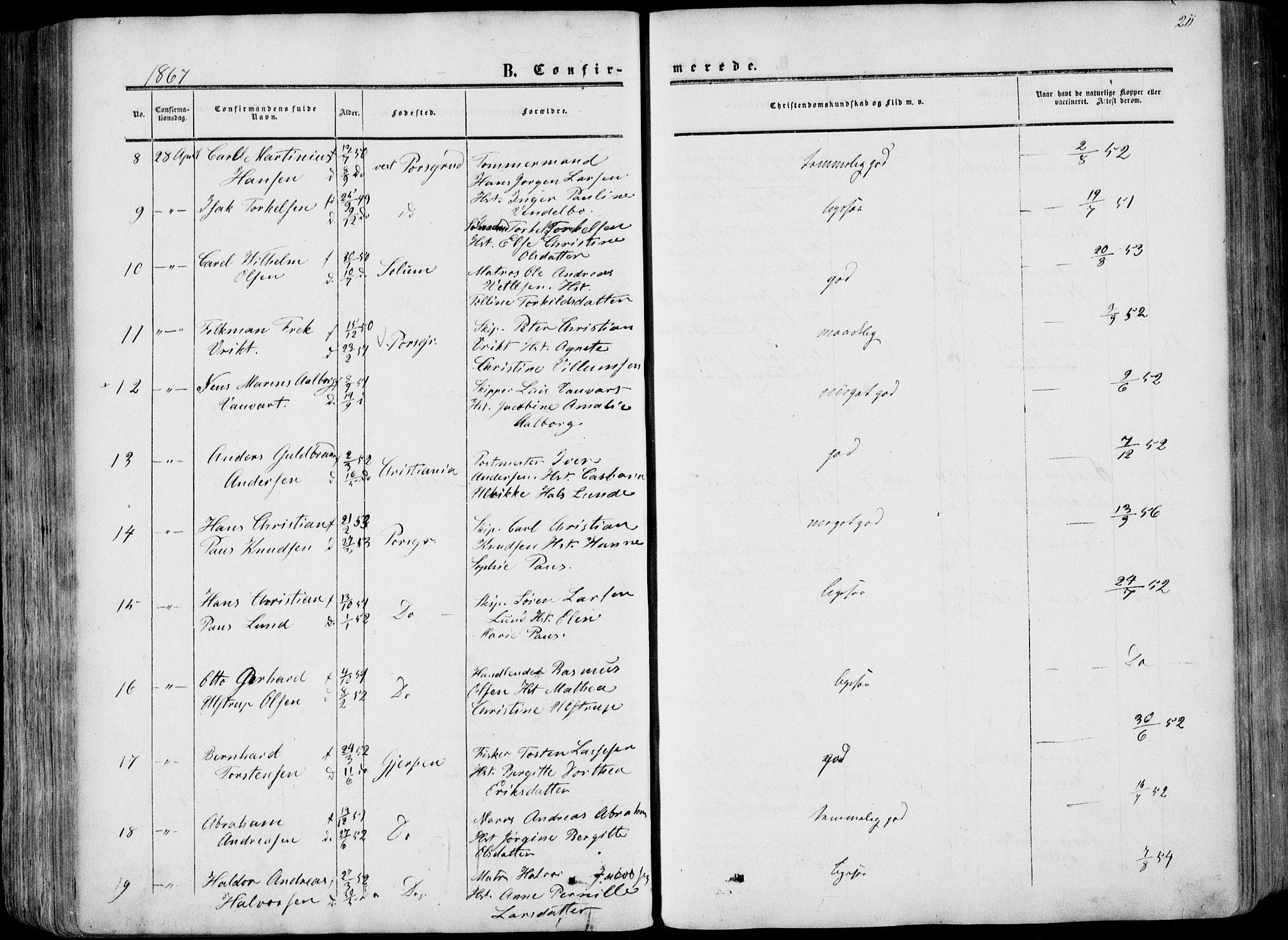 Porsgrunn kirkebøker , AV/SAKO-A-104/F/Fa/L0007: Parish register (official) no. 7, 1858-1877, p. 211