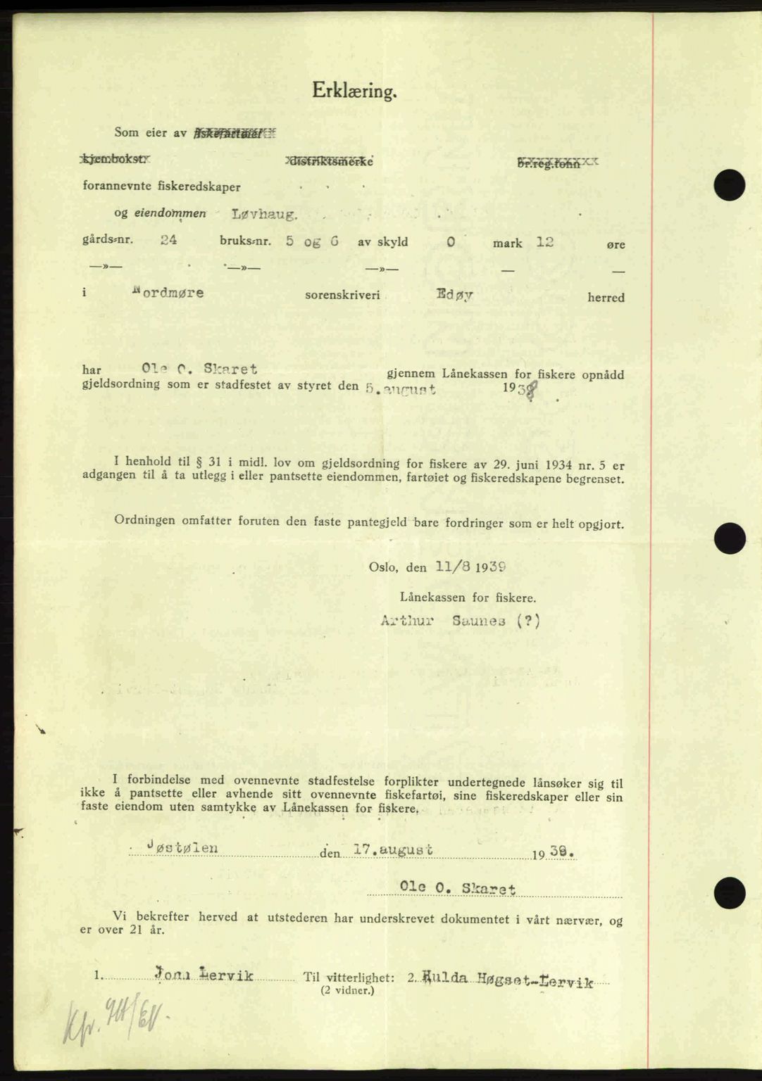 Nordmøre sorenskriveri, AV/SAT-A-4132/1/2/2Ca: Mortgage book no. B86, 1939-1940, Diary no: : 3562/1939