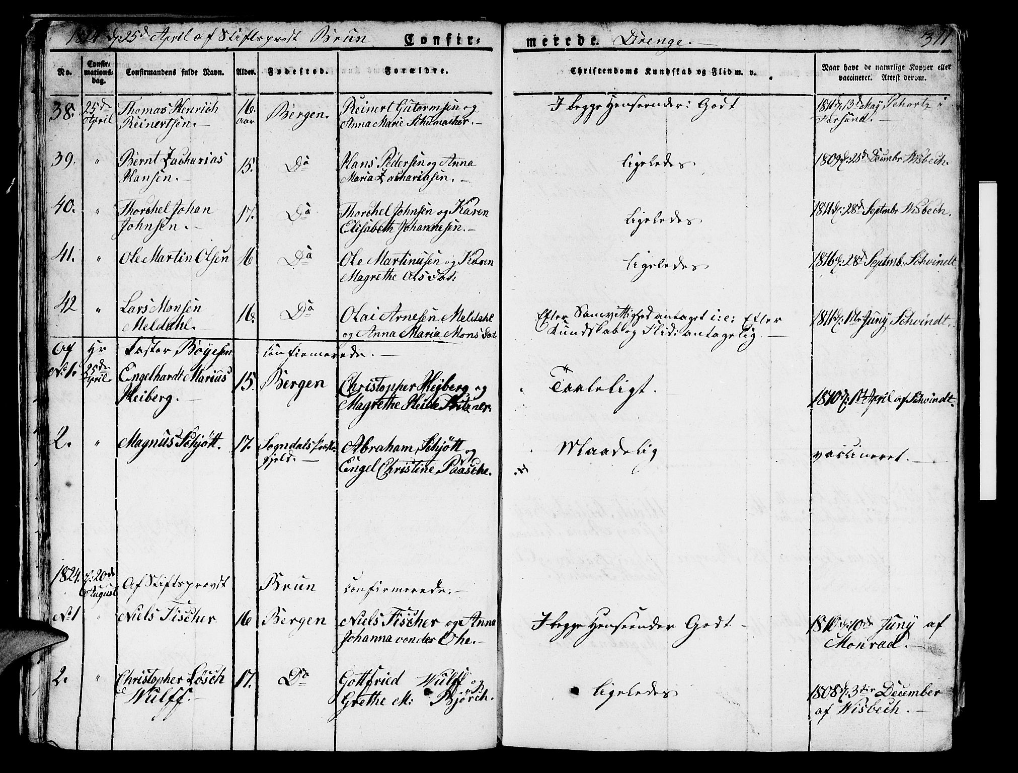 Domkirken sokneprestembete, AV/SAB-A-74801/H/Hab/L0002: Parish register (copy) no. A 2, 1821-1839, p. 311