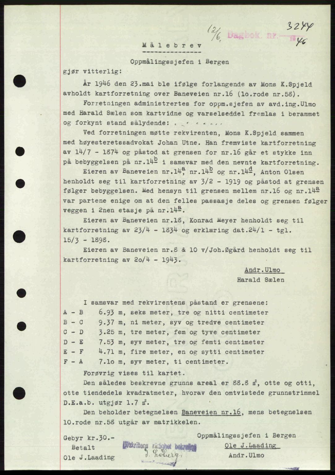 Byfogd og Byskriver i Bergen, SAB/A-3401/03/03Bc/L0022: Mortgage book no. A18, 1946-1946, Diary no: : 3244/1946