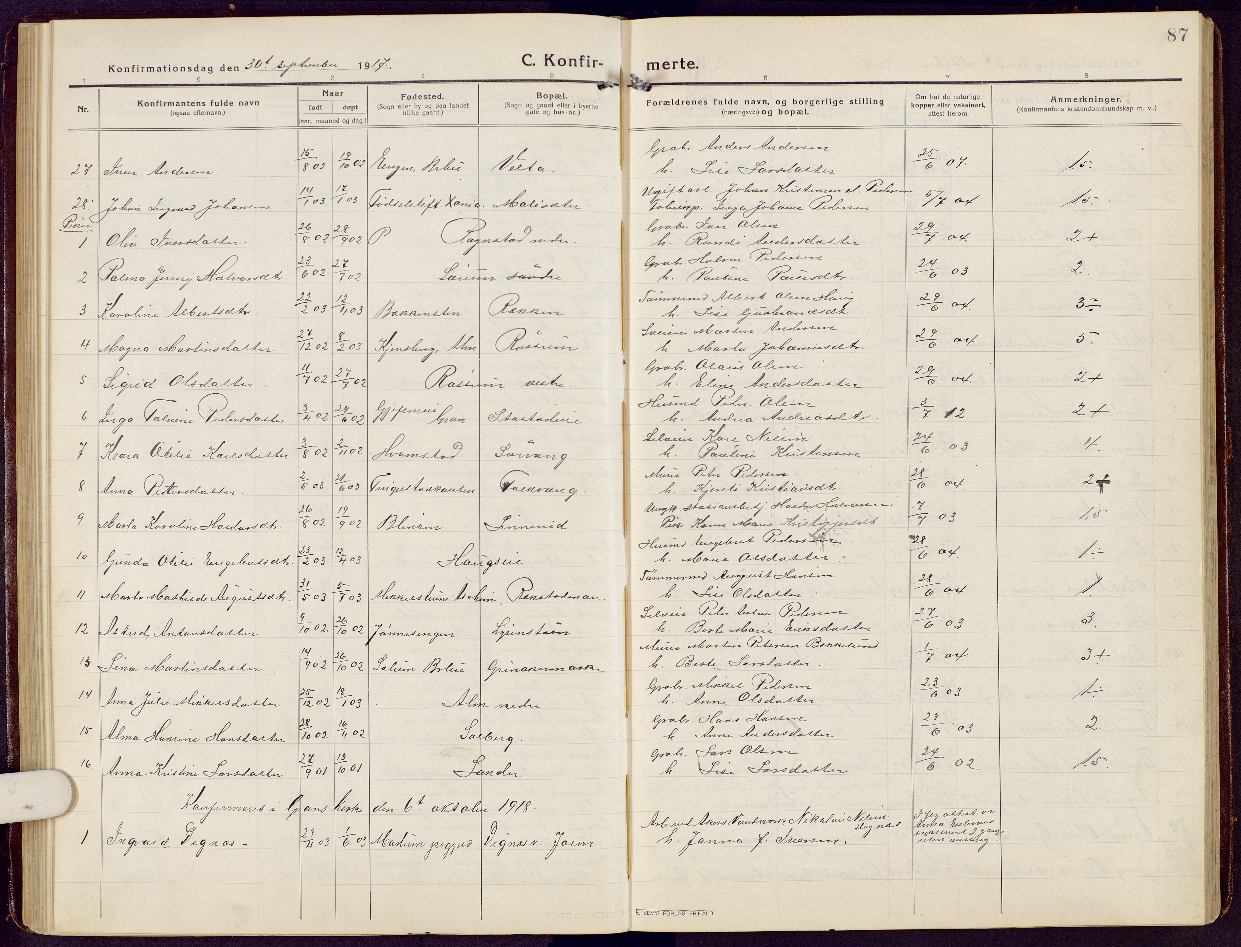 Brandbu prestekontor, SAH/PREST-114/H/Ha/Hab/L0010: Parish register (copy) no. 10, 1916-1930, p. 87