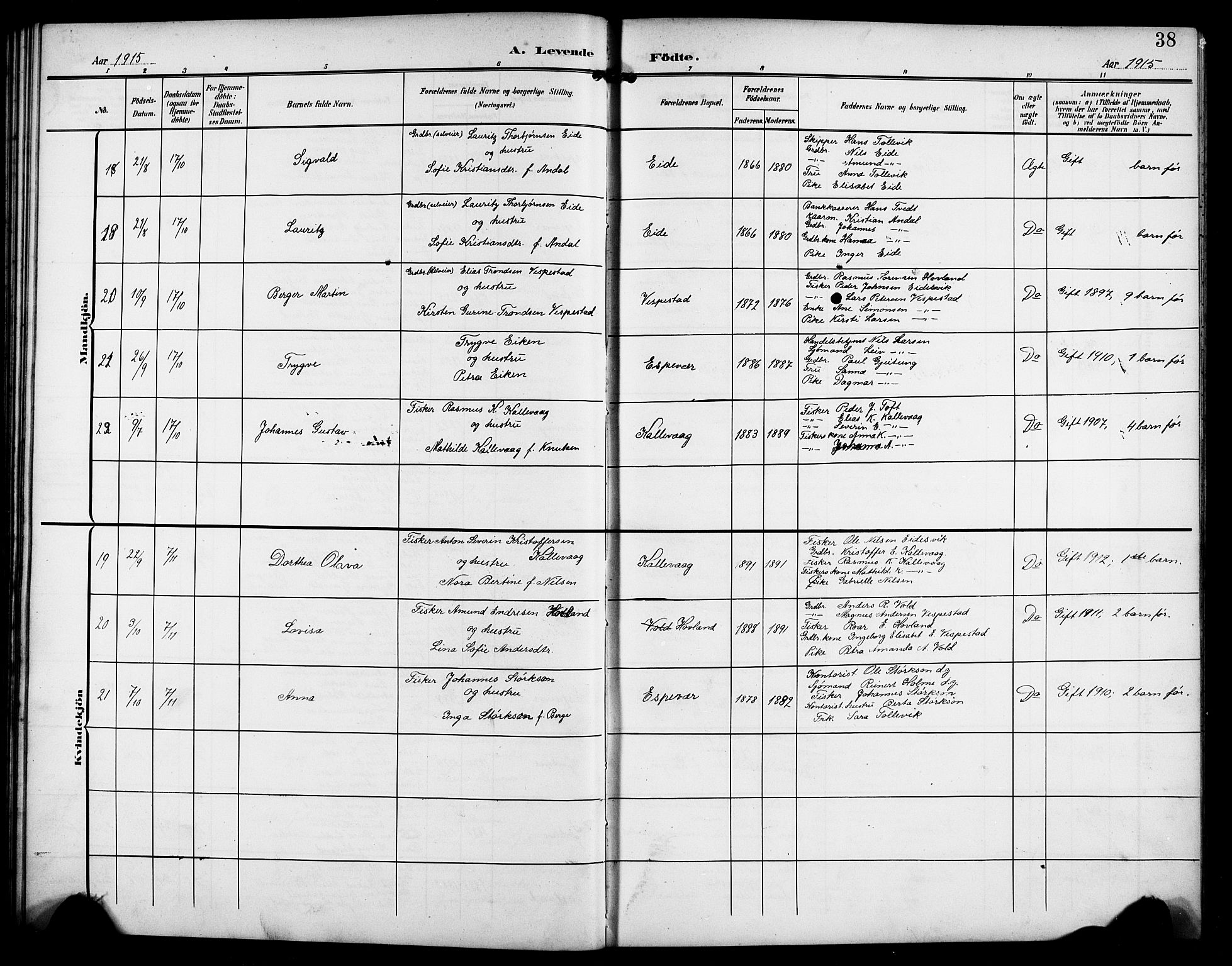 Finnås sokneprestembete, AV/SAB-A-99925/H/Ha/Hab/Habc/L0003: Parish register (copy) no. C 3, 1907-1917, p. 38