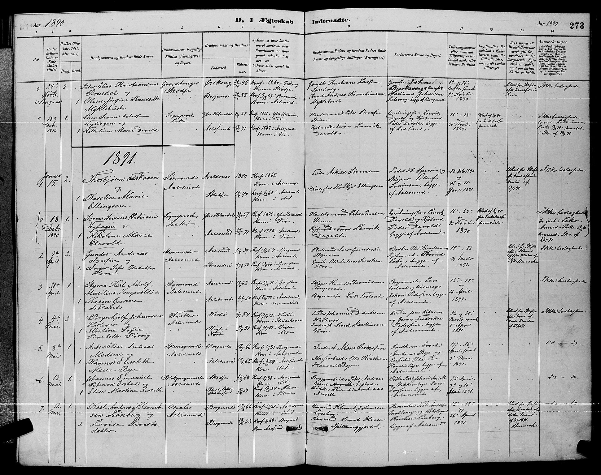 Ministerialprotokoller, klokkerbøker og fødselsregistre - Møre og Romsdal, AV/SAT-A-1454/529/L0467: Parish register (copy) no. 529C04, 1889-1897, p. 273