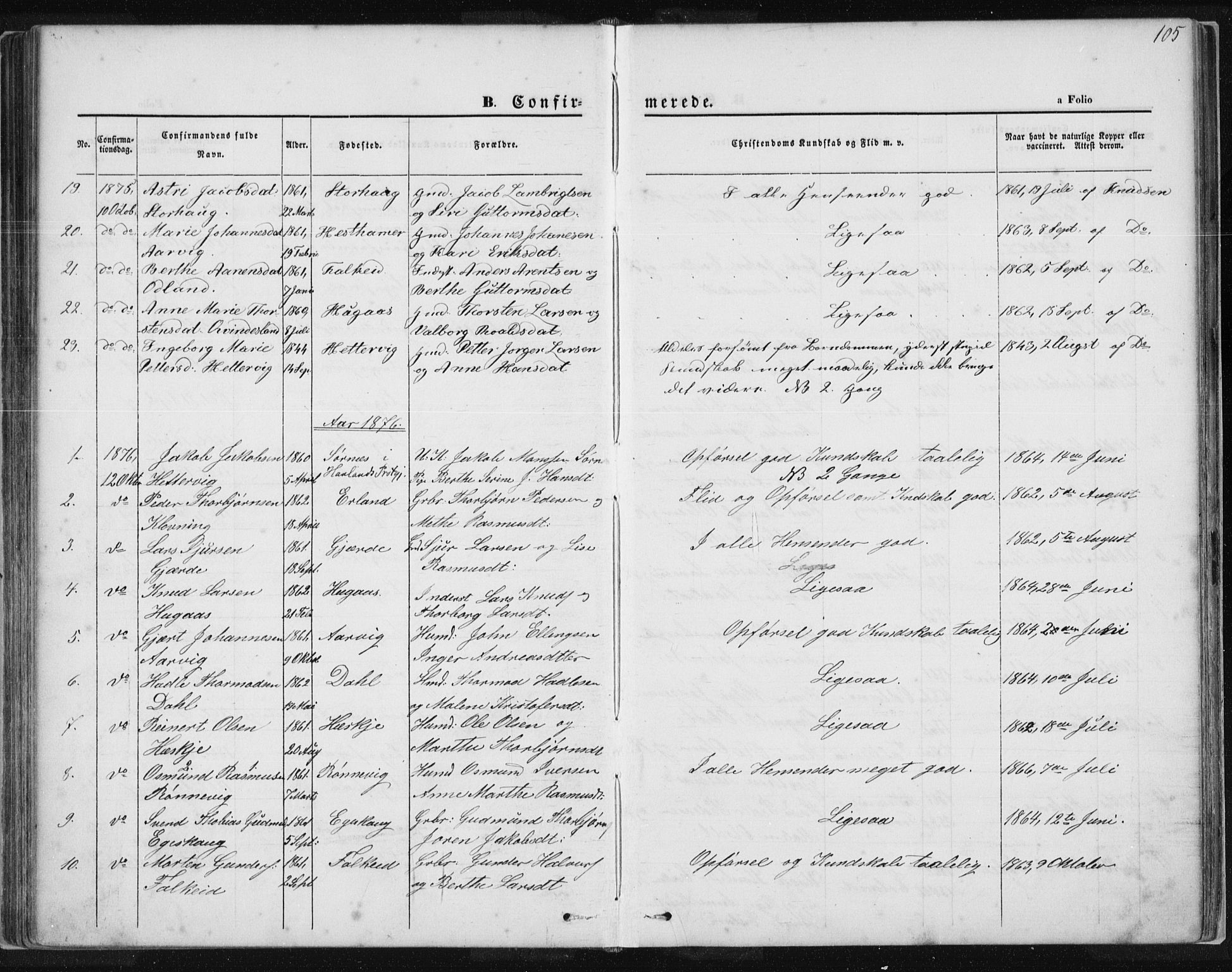 Tysvær sokneprestkontor, SAST/A -101864/H/Ha/Haa/L0005: Parish register (official) no. A 5, 1865-1878, p. 105