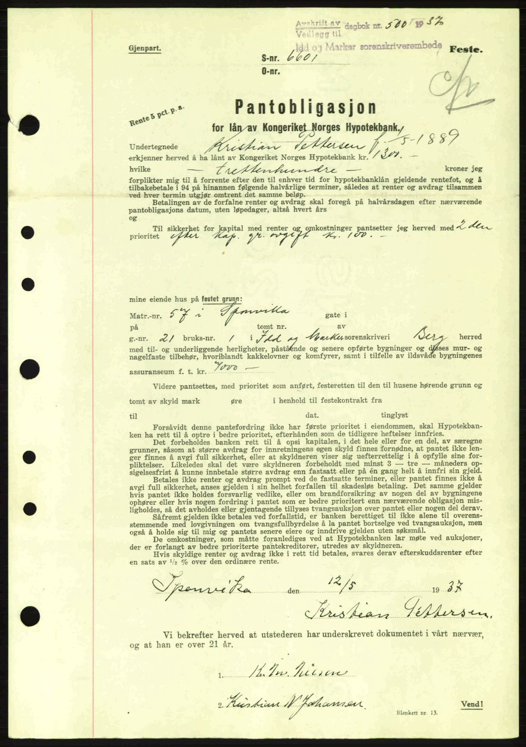 Idd og Marker sorenskriveri, AV/SAO-A-10283/G/Gb/Gbc/L0001: Mortgage book no. B1-3, 1936-1939, Diary no: : 500/1937