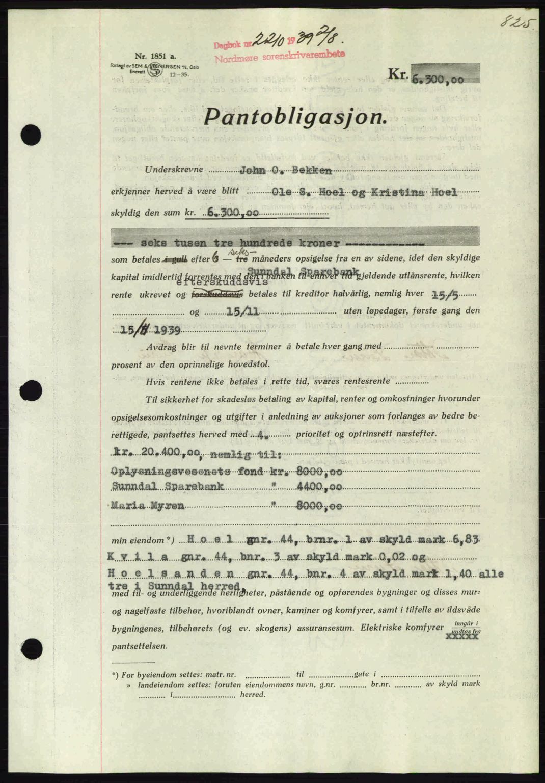 Nordmøre sorenskriveri, AV/SAT-A-4132/1/2/2Ca: Mortgage book no. B85, 1939-1939, Diary no: : 2210/1939