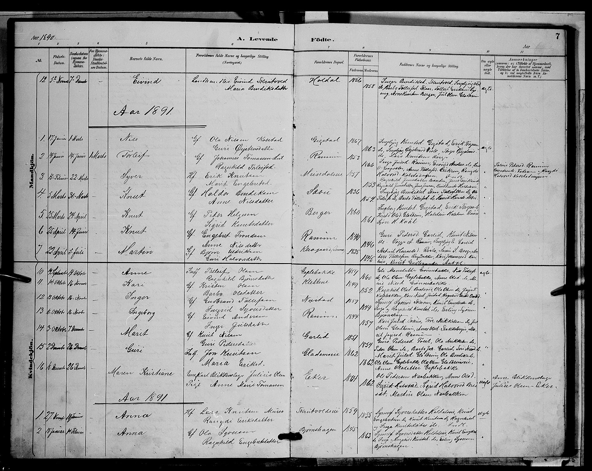 Nord-Aurdal prestekontor, SAH/PREST-132/H/Ha/Hab/L0009: Parish register (copy) no. 9, 1887-1897, p. 7