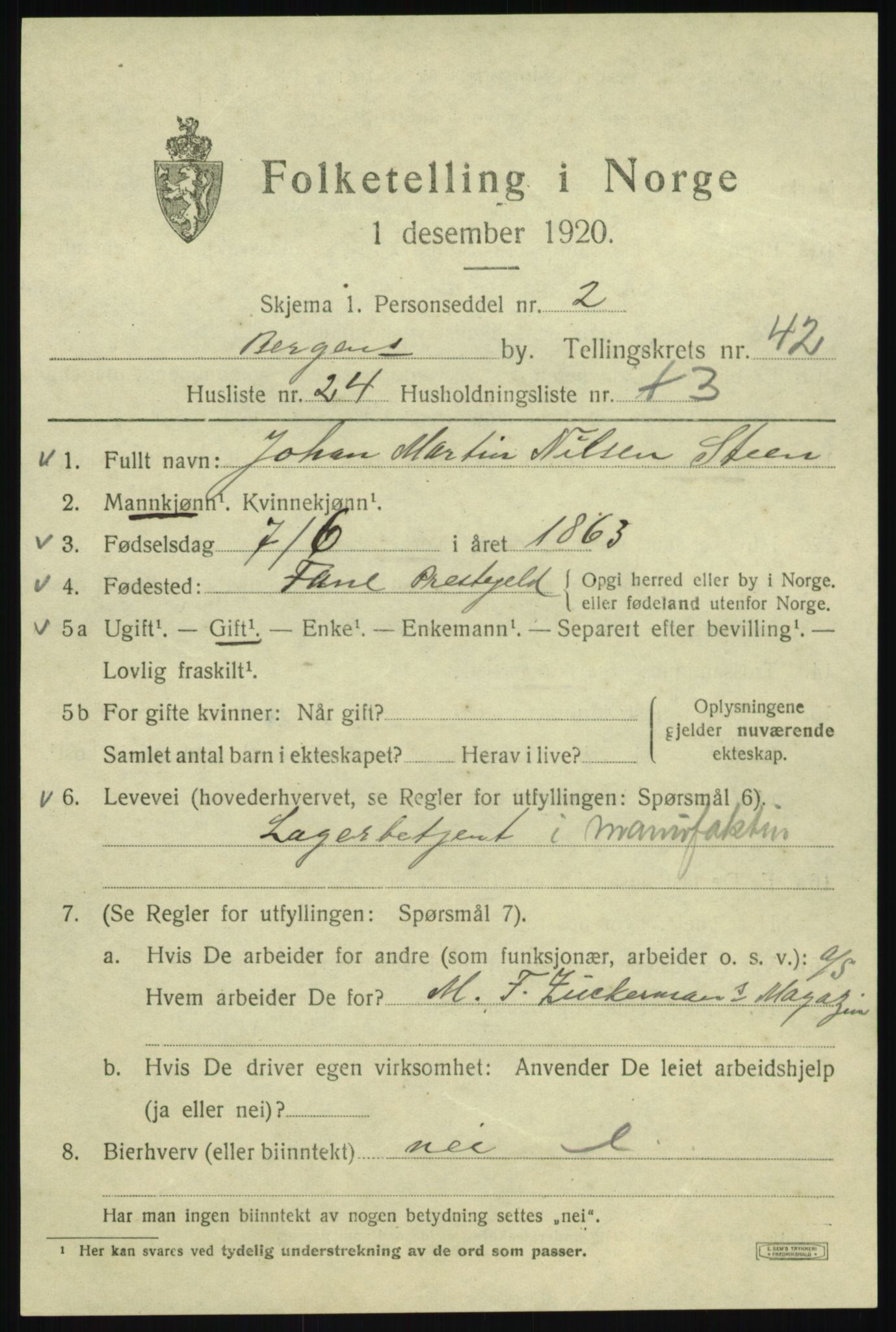 SAB, 1920 census for Bergen, 1920, p. 110381