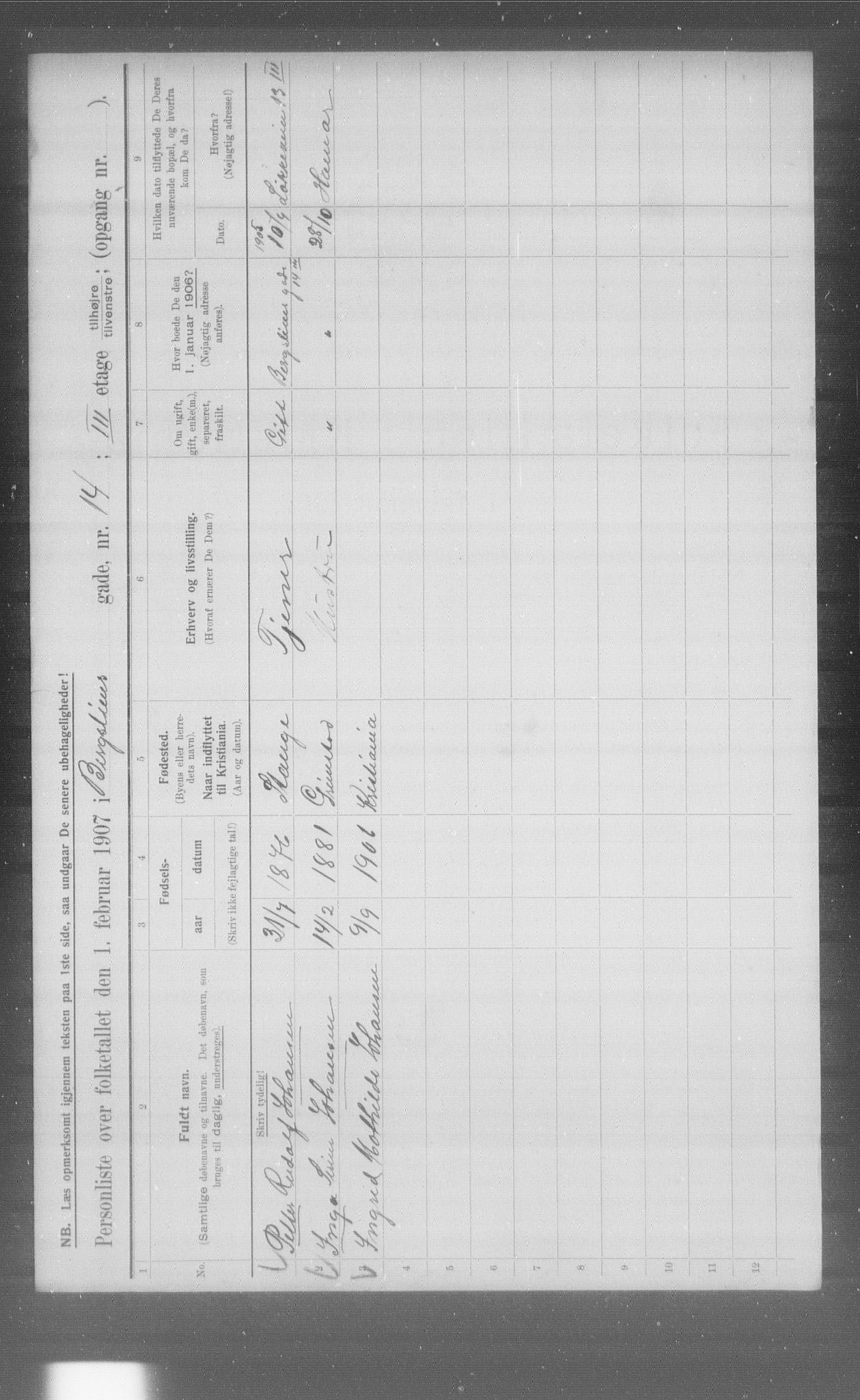 OBA, Municipal Census 1907 for Kristiania, 1907, p. 2354