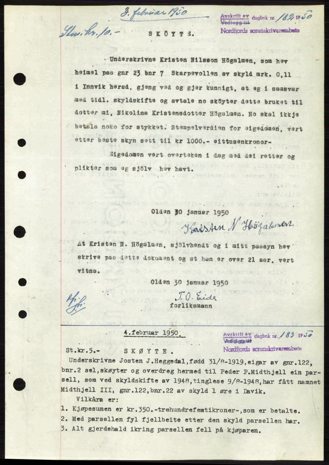 Nordfjord sorenskriveri, SAB/A-2801/02/02b/02bj/L0016a: Mortgage book no. A16 I, 1949-1950, Diary no: : 182/1950