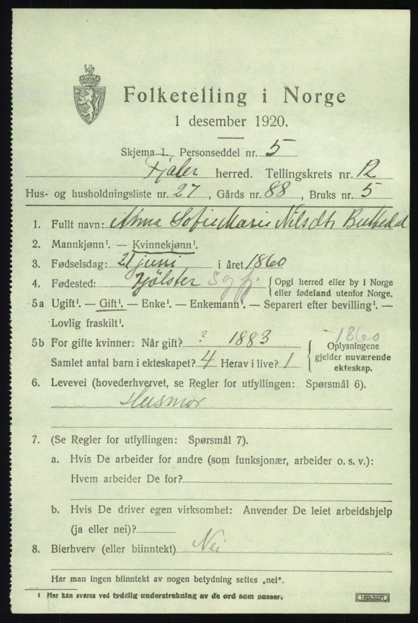 SAB, 1920 census for Fjaler, 1920, p. 7191