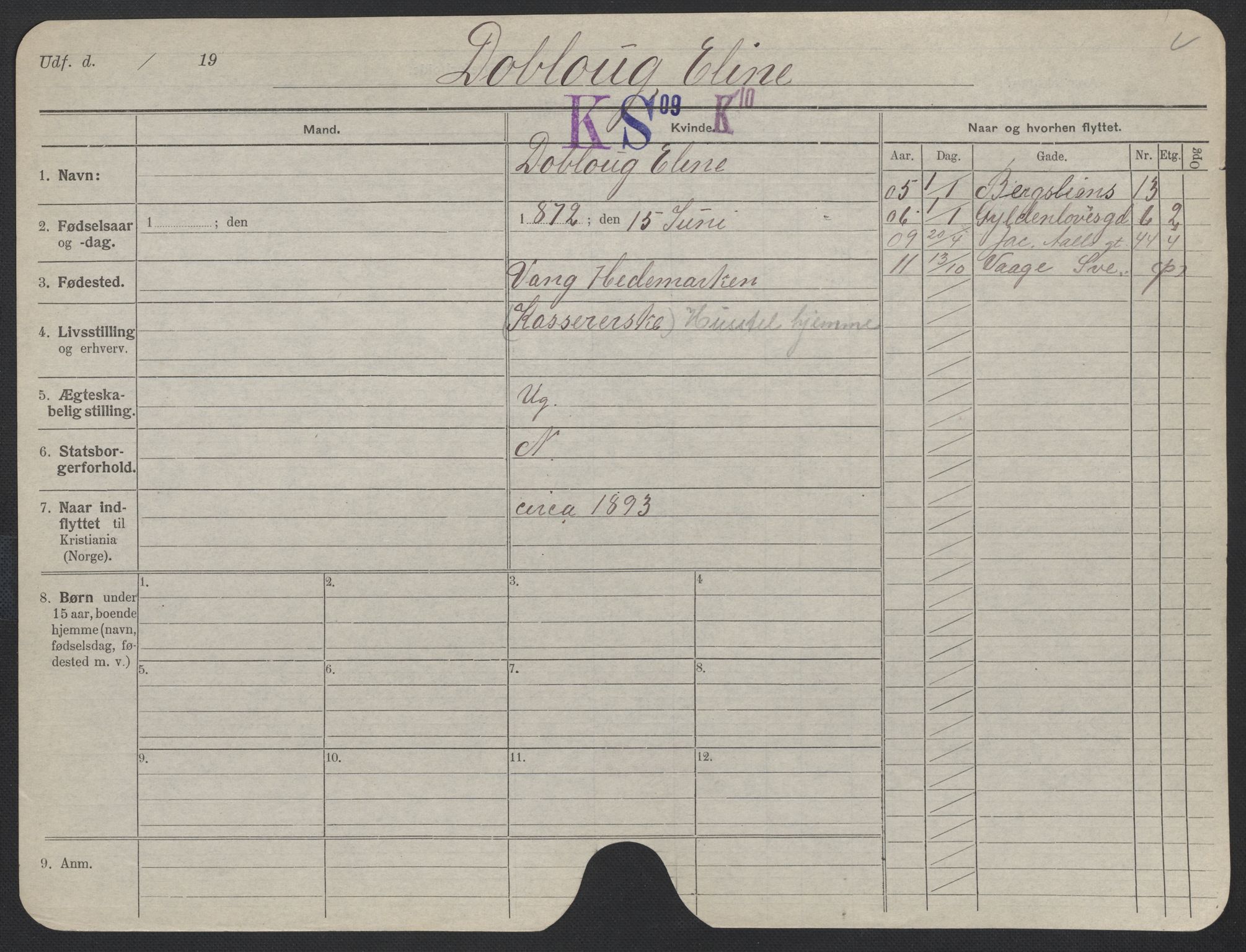 Oslo folkeregister, Registerkort, SAO/A-11715/F/Fa/Fac/L0013: Kvinner, 1906-1914, p. 1301a
