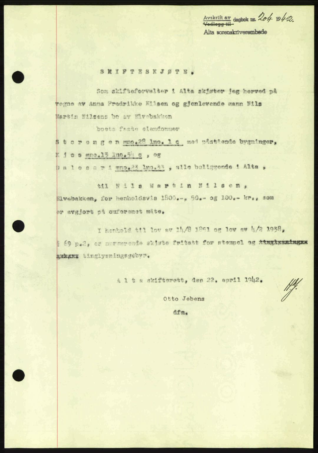 Alta fogderi/sorenskriveri, SATØ/SATØ-5/1/K/Kd/L0033pantebok: Mortgage book no. 33, 1940-1943, Diary no: : 204/1942