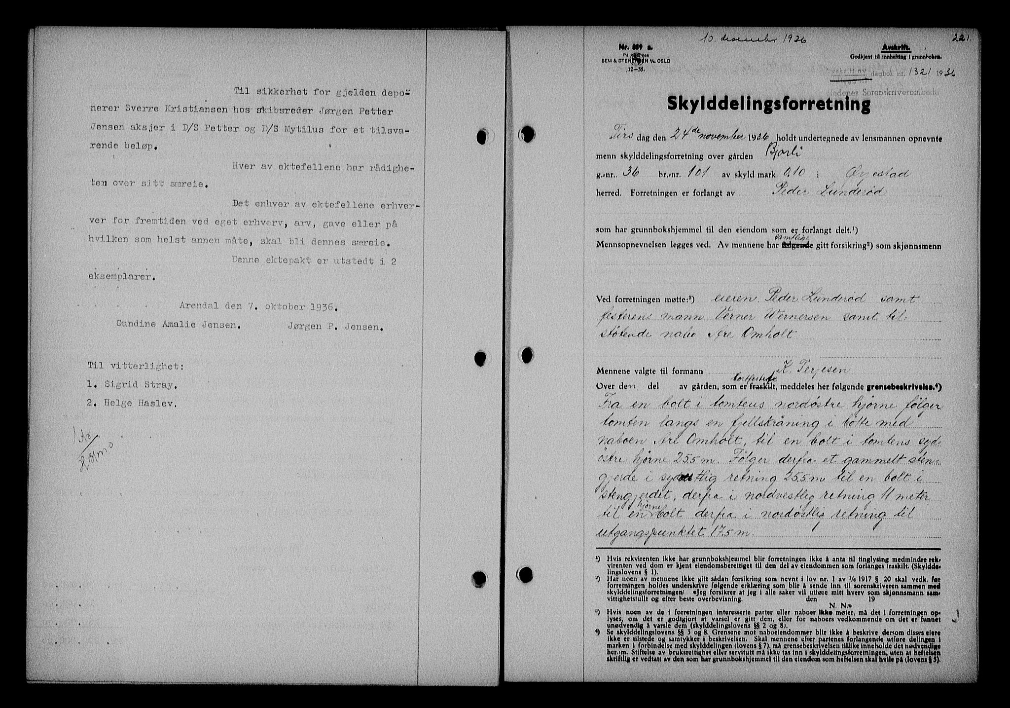 Nedenes sorenskriveri, SAK/1221-0006/G/Gb/Gba/L0043: Mortgage book no. 39, 1936-1937, Diary no: : 1321/1936