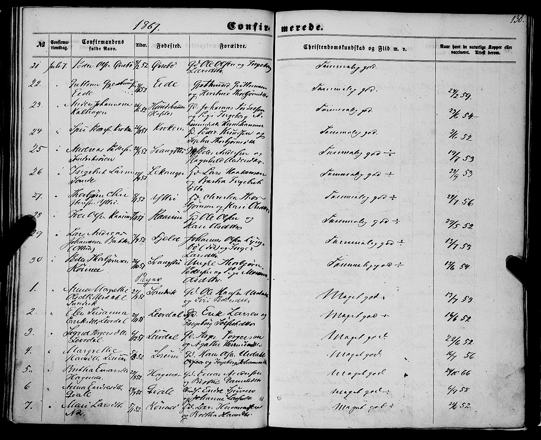 Luster sokneprestembete, AV/SAB-A-81101/H/Haa/Haaa/L0008: Parish register (official) no. A 8, 1860-1870, p. 138