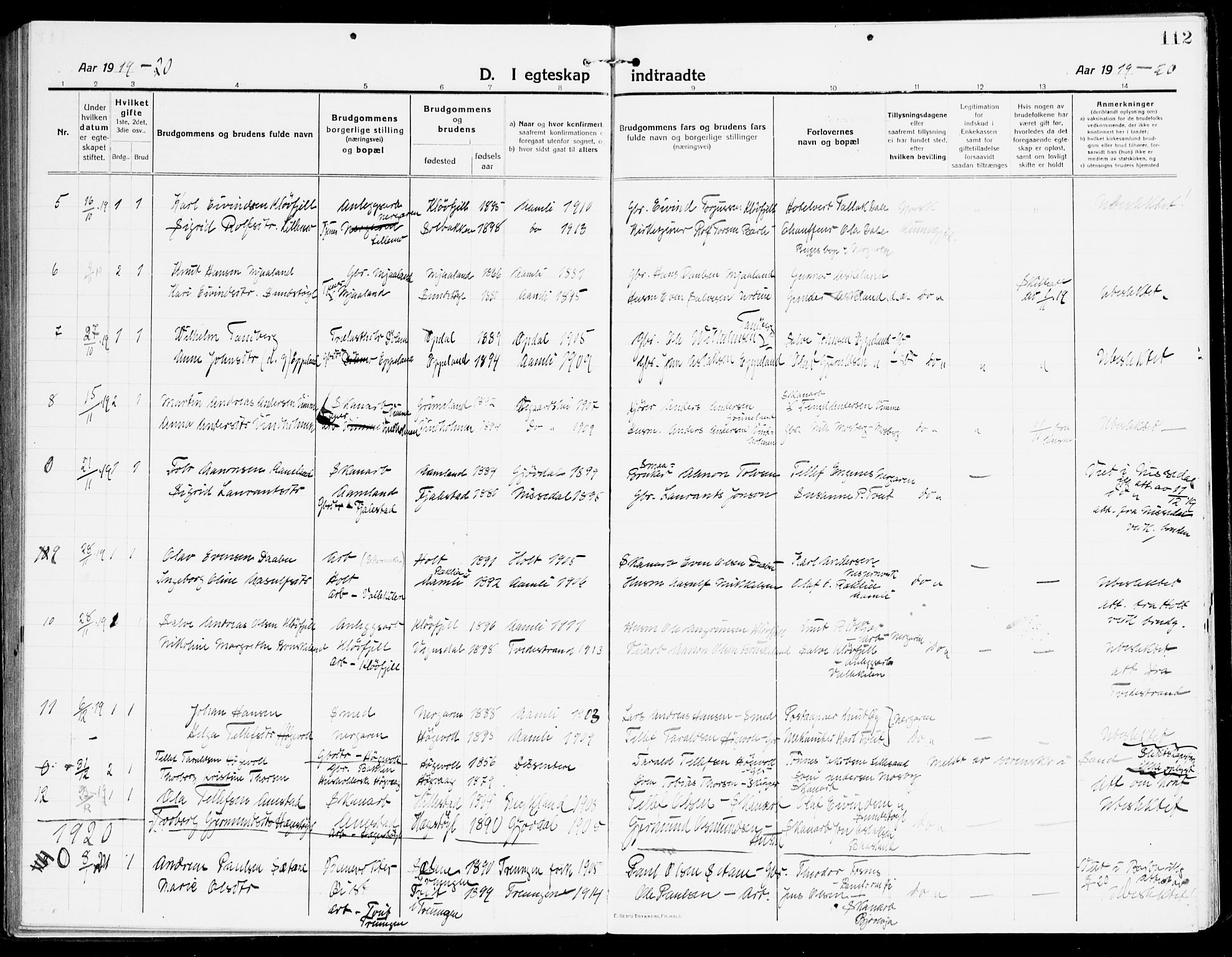Åmli sokneprestkontor, SAK/1111-0050/F/Fa/Fac/L0013: Parish register (official) no. A 13, 1914-1933, p. 112